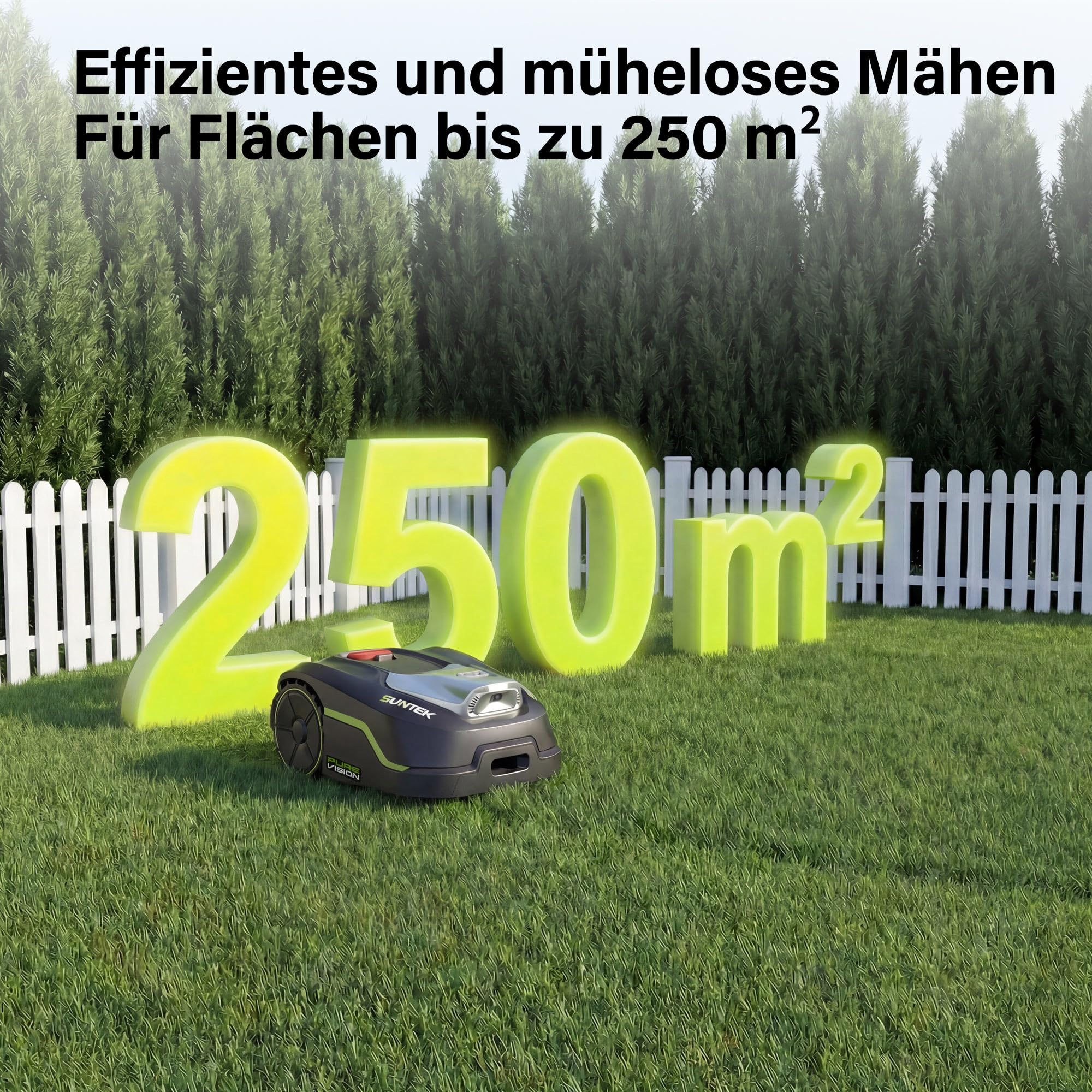 SUNTEK SRM2025 Mähroboter ohne Begrenzungskabel, KI Pure Vision Rasenmäher Roboter für 250 m² mit automatischer Kartierung, 35% Steigung, Wasserdichtigkeit IPX5, Automatische Kartierung, APP-Steuerung