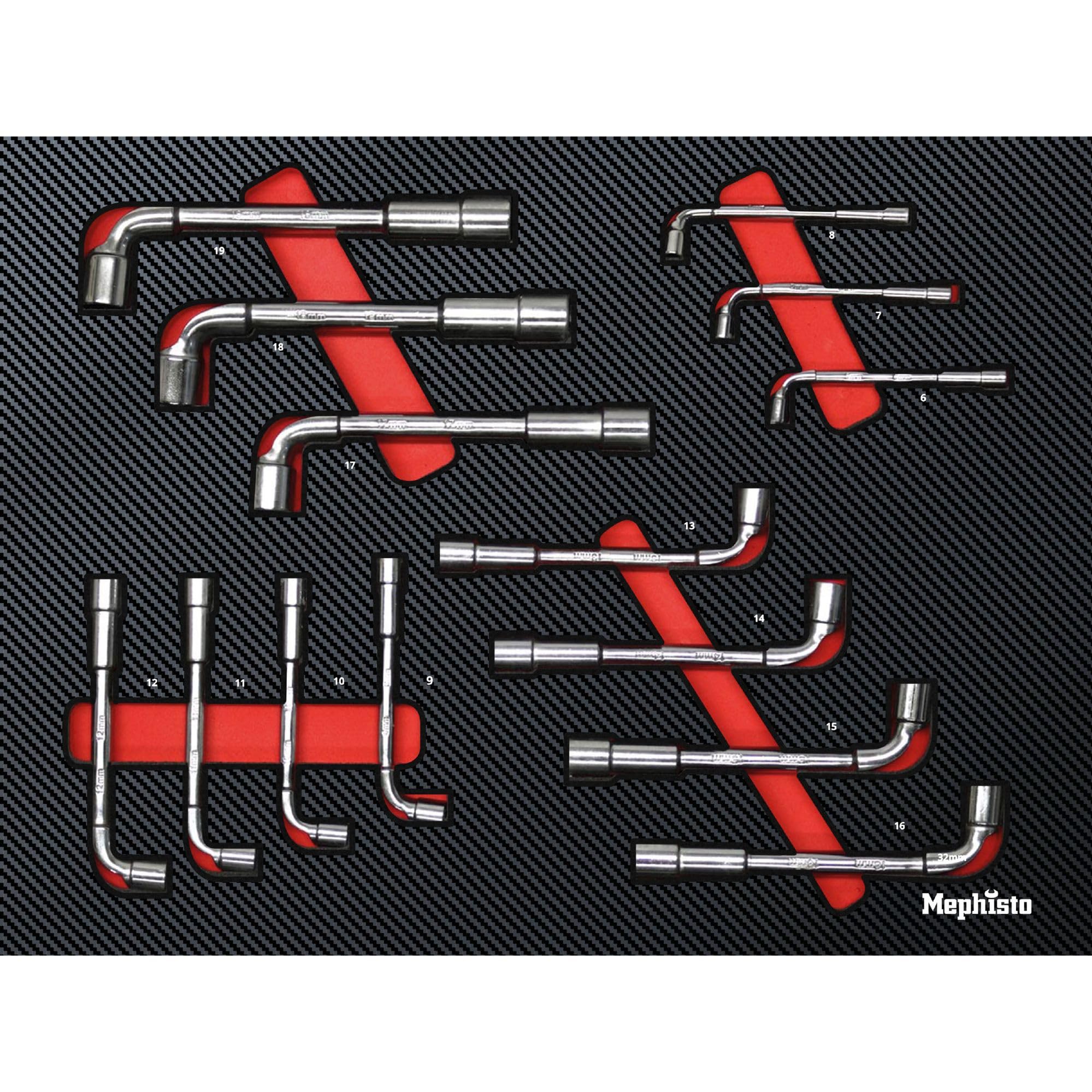 Mephisto Kit d'outils Pro Line - Insert pour chariot d'atelier - Jeu de clés à tête de pipe - Double jeu de clés à douille hexagonales - 14 pièces - Avec incrustation souple aspect carbone