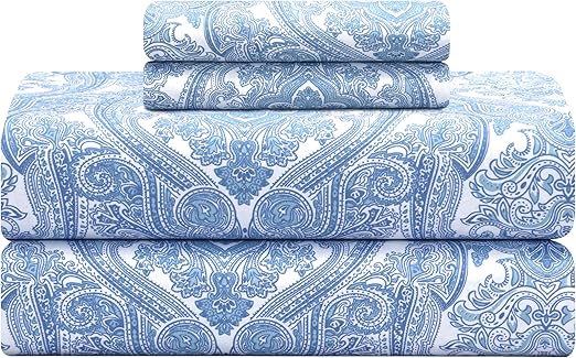 Feather & Stitch Softest 100% Cotton Sheets, 300 Thread Count Percale Weave Bedding, 16" Deep Pocket, Cooling Sheets, Breathable Bed Set, Hotel Premium Quality (King Blue Paisley)