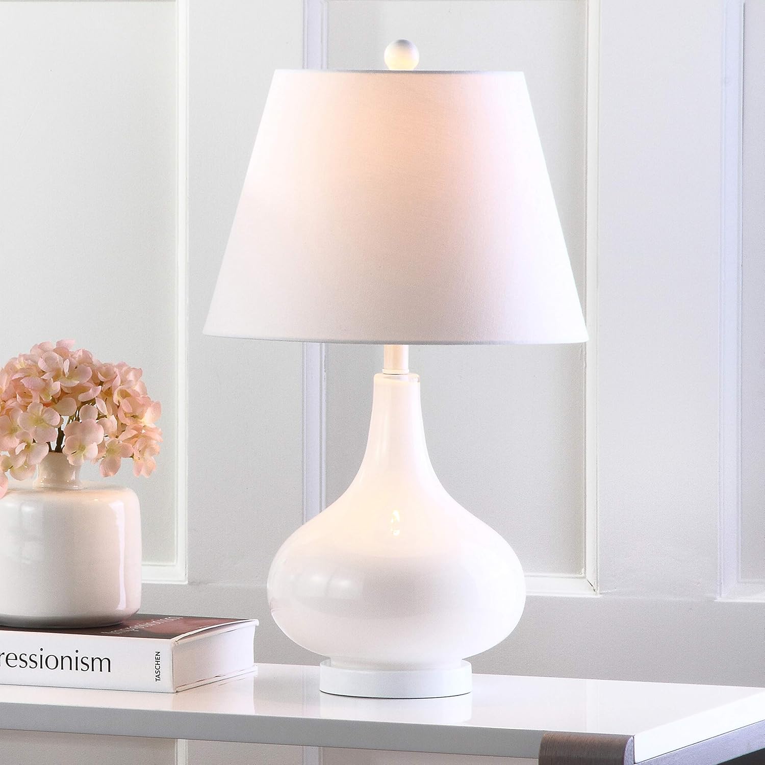 SAFAVIEH Lighting Collection Amy Modern Contemporary White Gourd Glass 24-inch Bedroom Living Room Home Office Desk Nightstand Table Lamp Set of 2 (LED Bulbs Included)