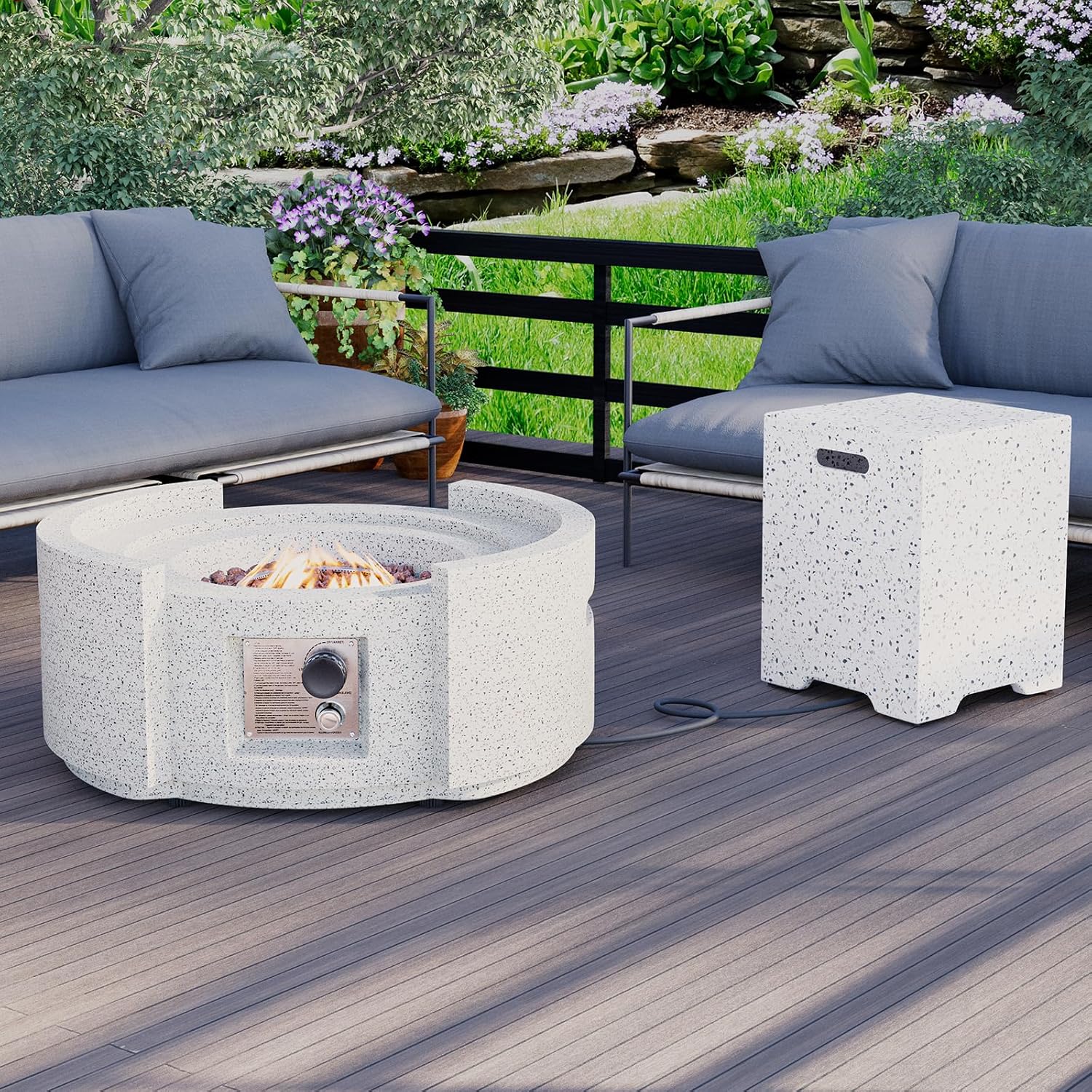 HOMPUS Round Propane Fire Pit Table w Free Lava Rocks & Rain Cover, Terrazzo Colorful Pit Table for Patio, Outside