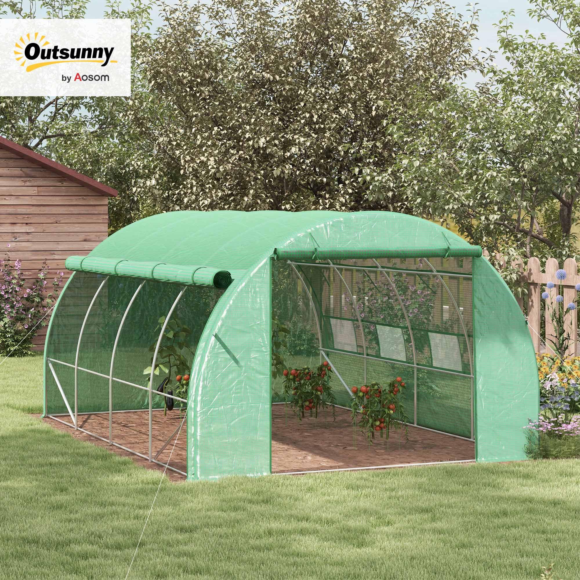 Outsunny Serra tunnel 4 x 3 x 2 m con pareti laterali arrotolabili Verde | Tenda serra walk-in, telaio acciaio, copertura rinforzata, porta cerniera, 8 finestre a rete, per giardino