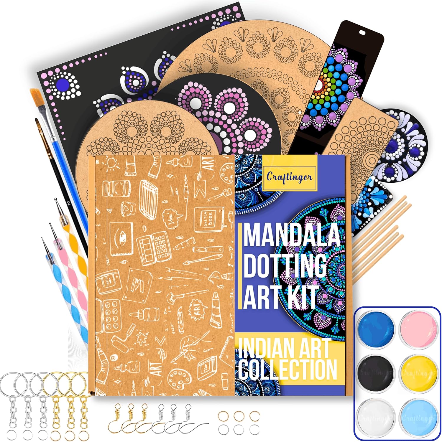 Craftinger Mandala Dotting Art Kit for Adults & Beginners, 14 Pre-Designed MDF Boards | 6 Acrylic Colors | Set of 2 Brushes | Dot Tools | for Artists, Students, Children | Ideal for Gifting