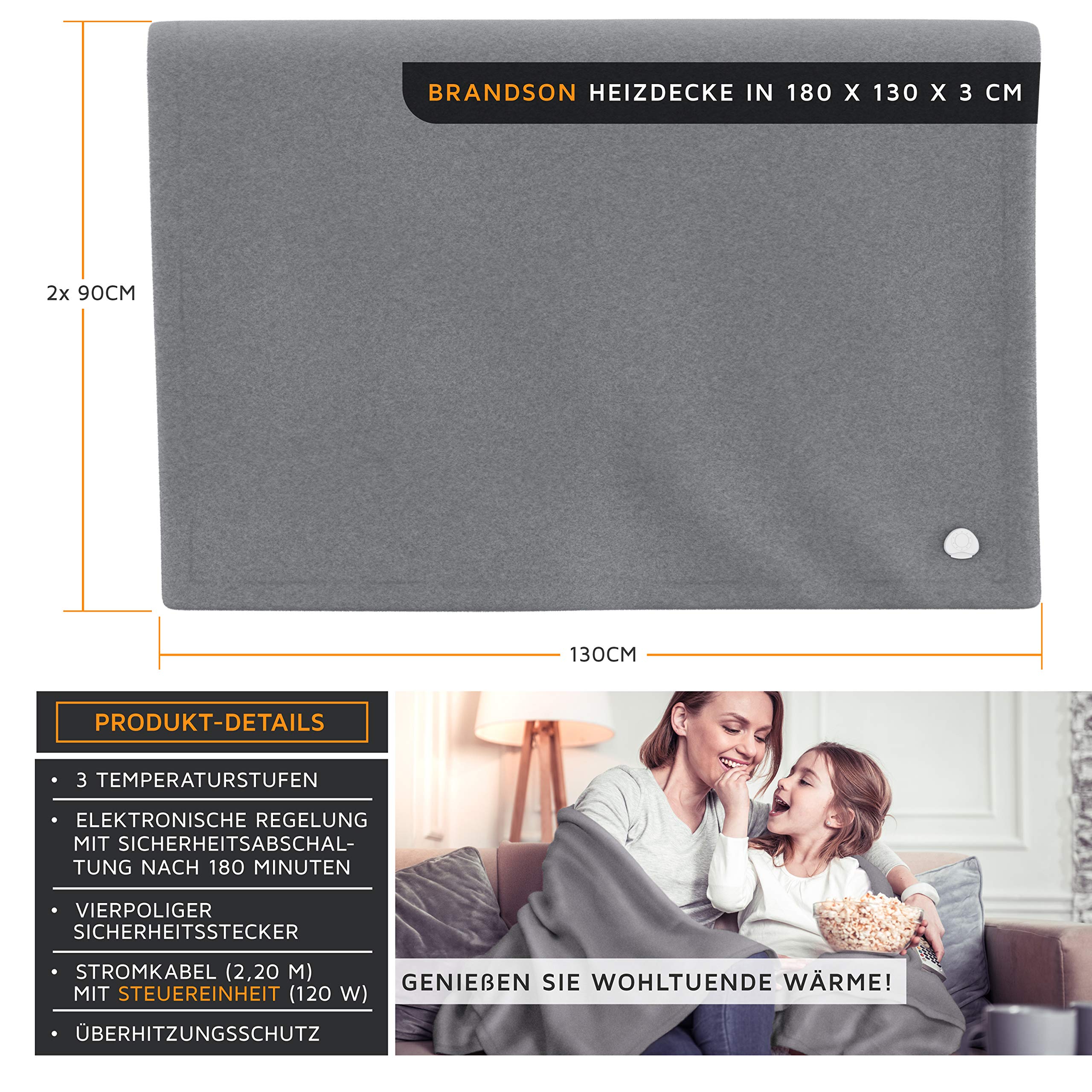 Brandson - Heizdecke mit Abschaltautomatik - XXL 180x130cm – Überhitzungsschutz - Turbo Heat - 120 Watt - Digitale Steuereinheit mit Anzeige der Heizstufe - Kuscheldecke Wärmedecke