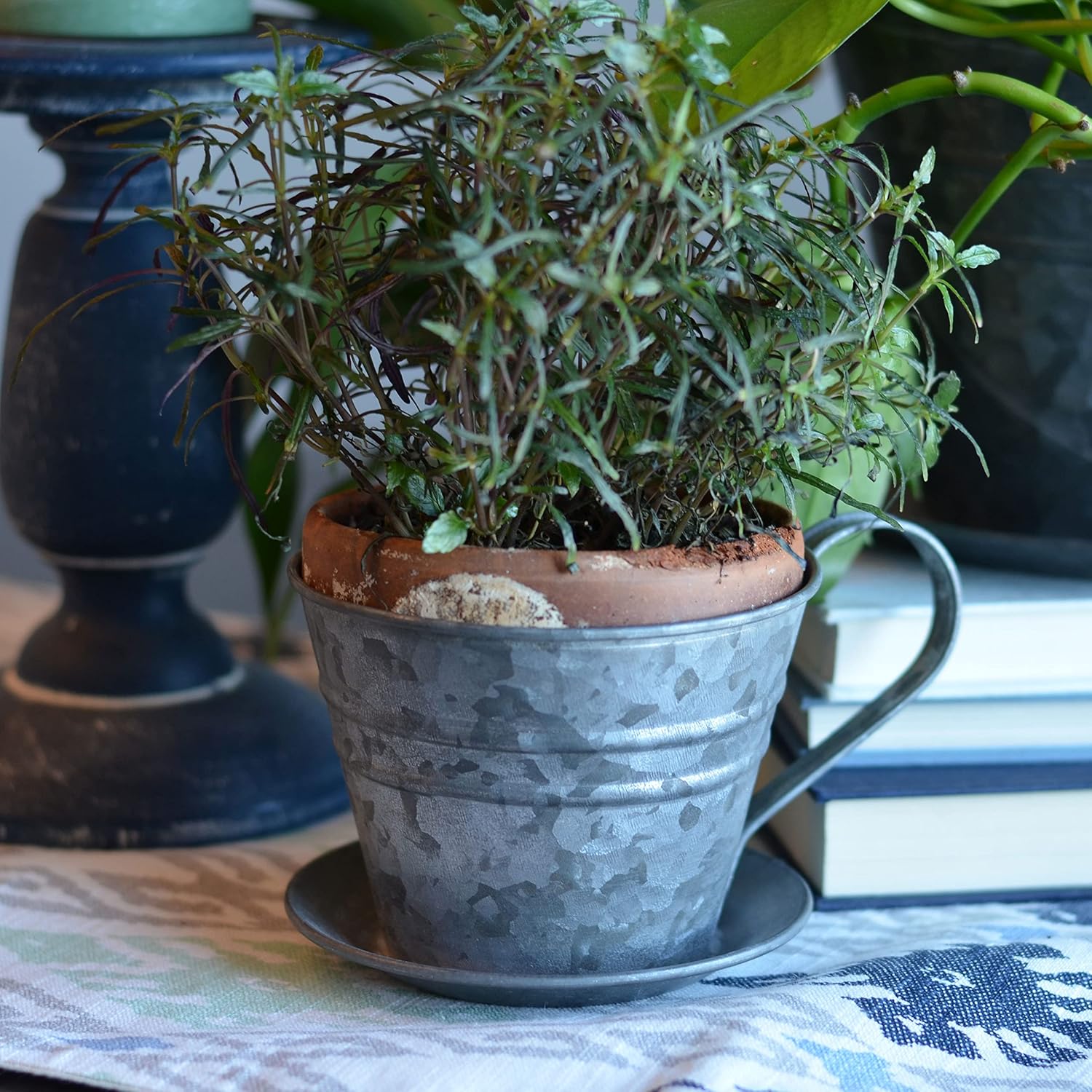 WHW Whole House Worlds Rustic Tea Cup Planters, Set of 2, Shabby Grey, Zinc, Attached Handles and Saucers, 8.75 Diameter, Overall 11 Inches Wide Including Handles