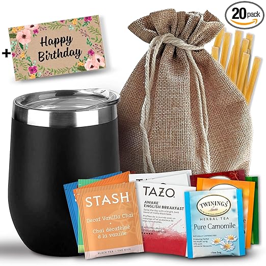Bellina Tea Gift Baskets for Women and Men - Birthday Collection - Insulated Cup, 20 Premium Teas, 10 Honey Straws, Gift Tag & Bag