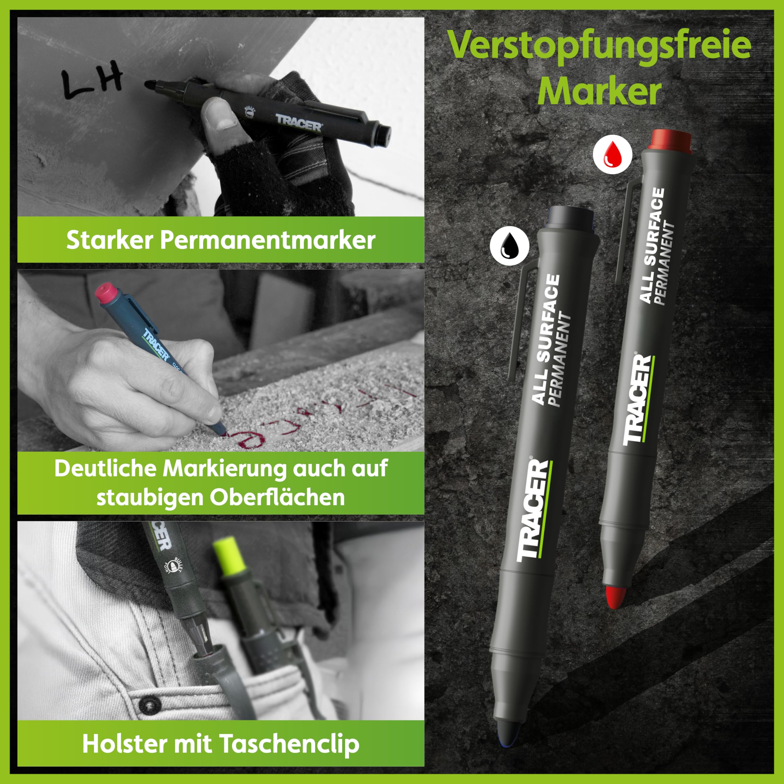 Tracer Markierungsset – Tiefloch-Baubleistift, 6 Ersatzminen & 2 verstopfungsfreie Konstruktionsmarker mit Holster