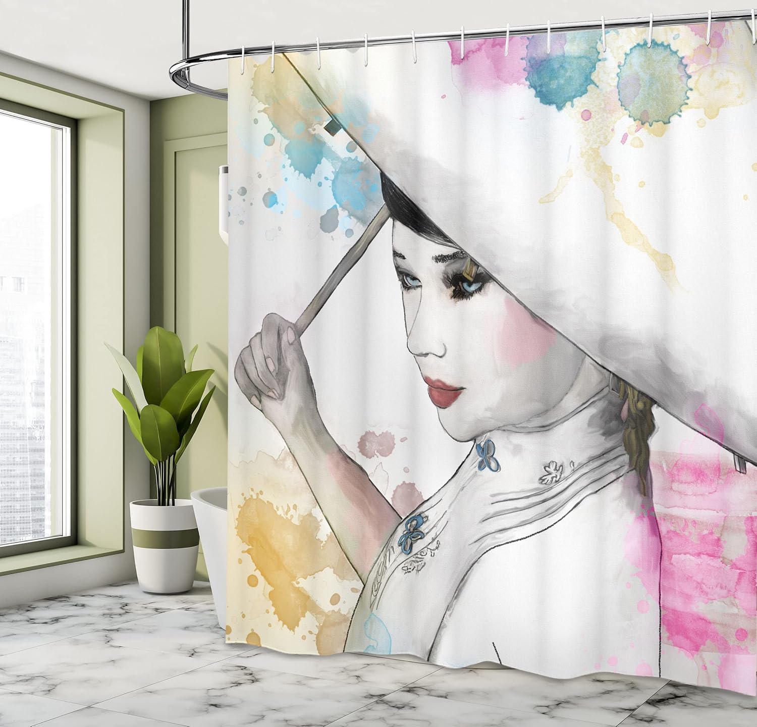 Ambesonne East Shower Curtain, Eastern Woman Girl with Oriental Umbrella Drawing with Watercolor and Brushstrokes, Cloth Fabric Bathroom Decor Set with Hooks, 69" W x 70" L, Off White
