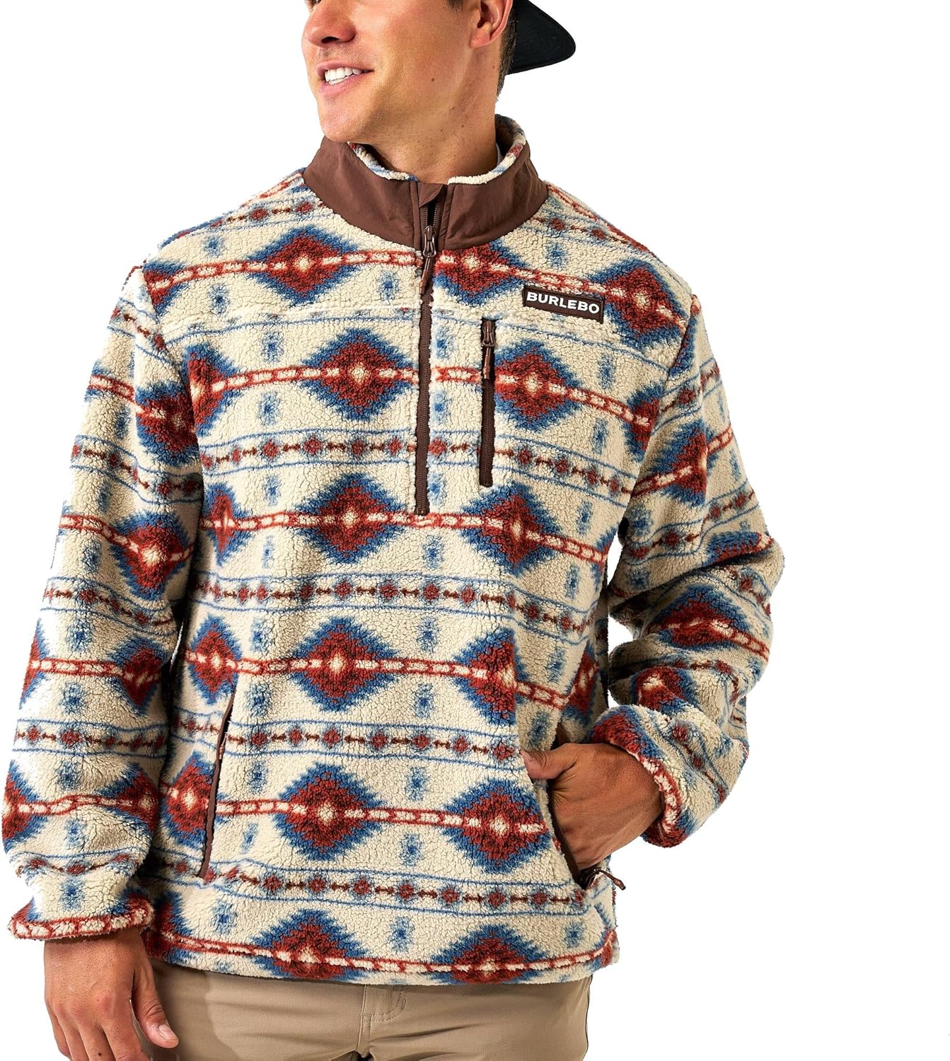 BURLEBO Men’s Sherpa Quarter Zip Jacket – Soft Fleece Pullover with Zipper Pockets and Adjustable Waist