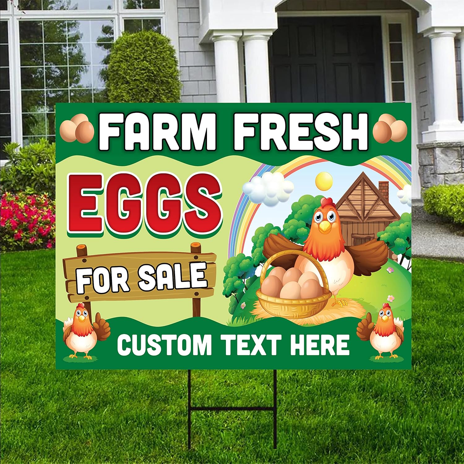 Farm Fresh Eggs Yard Sign Personalized - Coroplast Long Lasting Custom Farm Fresh Eggs for Sale Yard Sign with Metal H-Stake, VP701 (18" x 12", Double Sided)