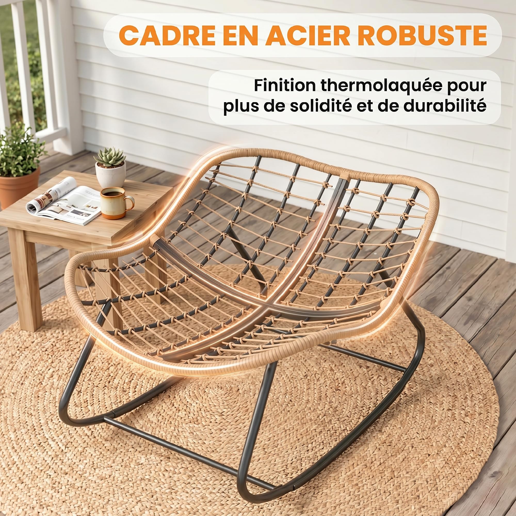 Outsunny Fauteuil à Bascule Papasan, Fauteuil à Bascule Intérieur Extérieur en Résine Tréssée avec Coussin, Chaise Ovale rembourrée en Rotin pour Salon, Jardin, Patio, Balcon, Gris