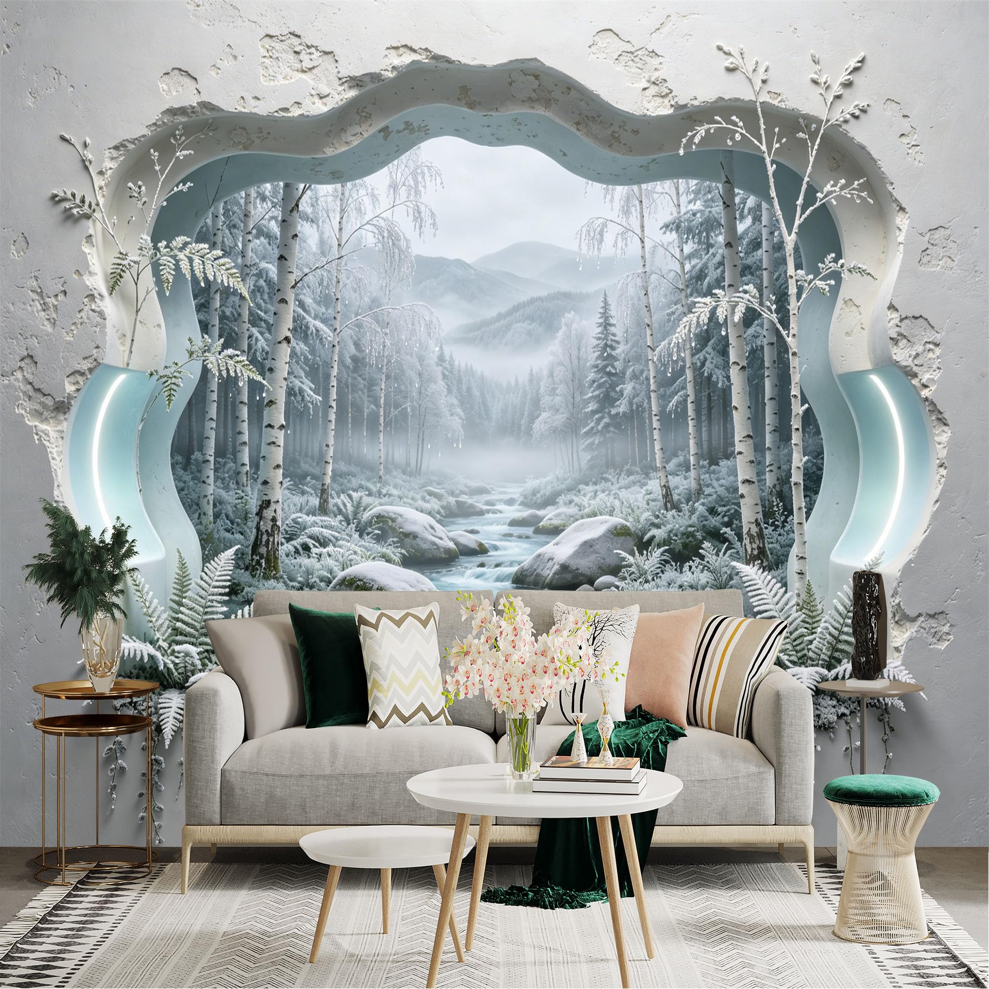 Custom Size Wall Sticker Mural， Winter Forest with River， Snowy Mountains and Frosted Trees， for wall Decoration， peelandstick wall Decals.