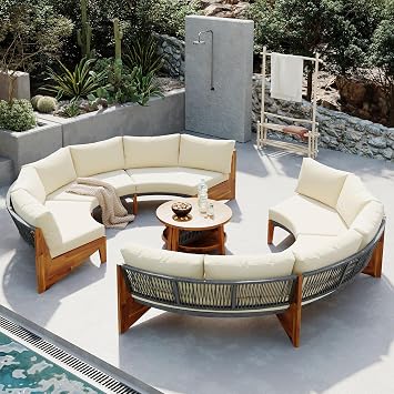 Patio Conversation Set, 6-Person Outdoor Seating Group with Cushions and A Coffee Table, 3 Piece Half Moon Patio Furniture Sets for Patio Garden Backyard Porch Poolside Beige-NV