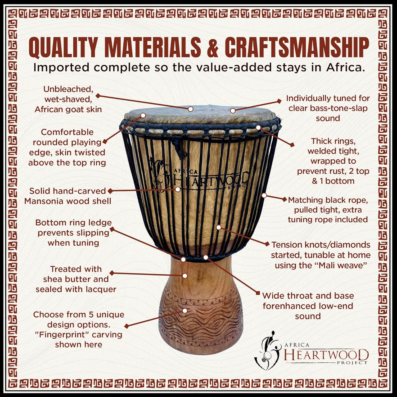 Africa Heartwood Project Hand-Carved Djembe Drum from Africa - 13"x24" Classic Ghana Djembe (Fingerprint Carving) Solid Wood Shell & Natural Goat Skin - Ready to Play Out of the Box Musical Instrument
