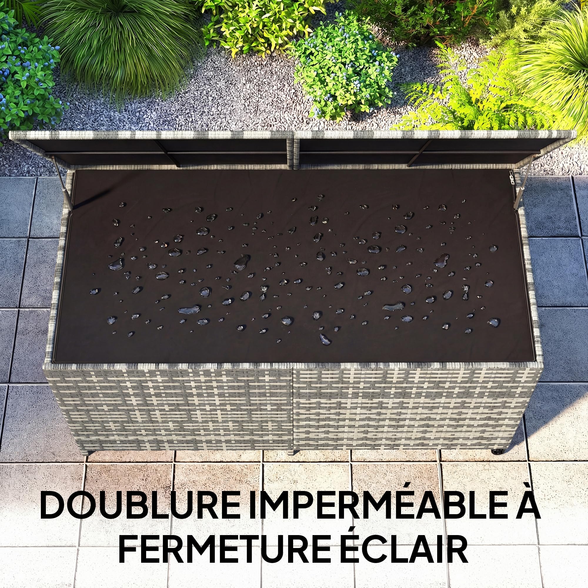 Outsunny - Baúl de Jardín de Resina Trenzado, 650 L, Impermeable con Forro con Cremallera, 2 Ruedas, para Jardín y Balcón, 150 x 75 x 74 cm, Color Gris