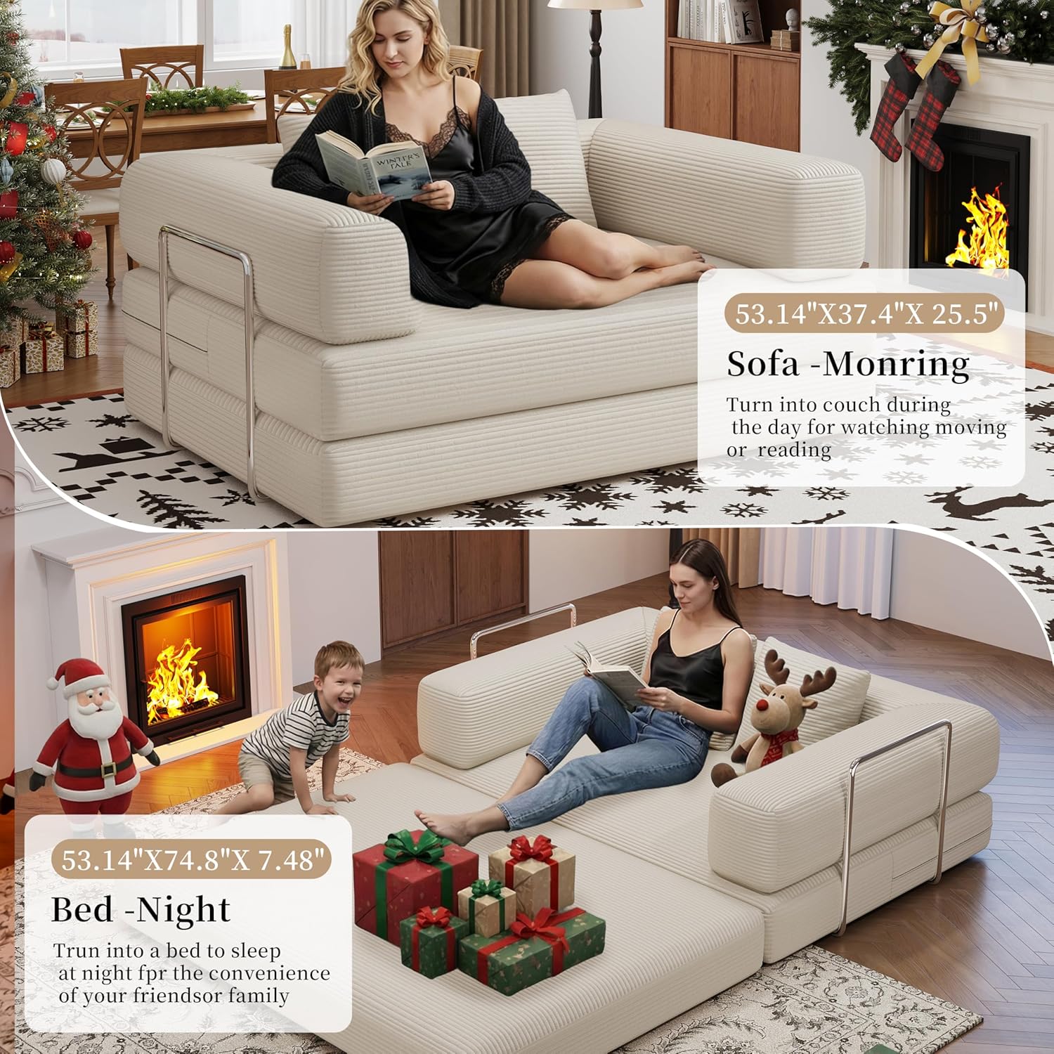 BSHOMGI 4 in 1 Futon Sofa Bed Queen Size - Foldable Convertible Sleeper Sofa Couch, Removable Washable Corduroy Cover, Space Saving Floor for Living Room (Beige, 53.15" Double Sofa)