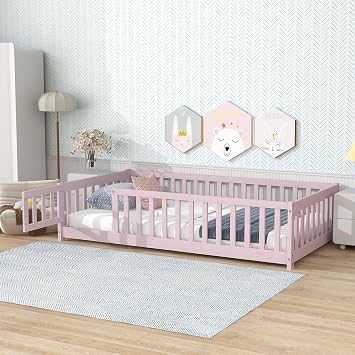 PVWIIK Twin Size Floor Bed with Fence and Door and Slats,Rubber Wood Safety Guardrails Floor Bed for Boy,Girl,Kids,Easy Assemble Bedframe,Pink