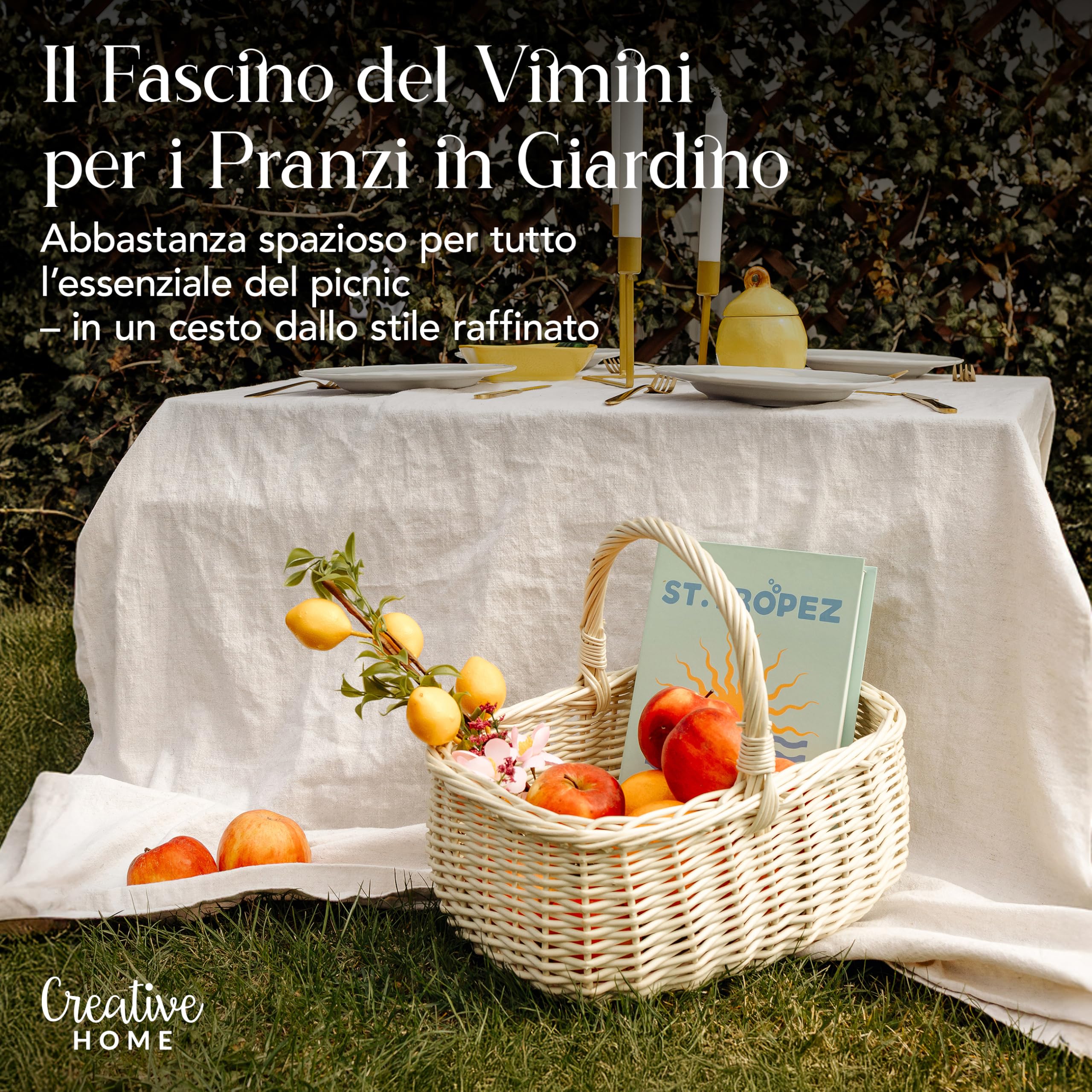 Creative Home Cestino in Vimini con Manico, Bianco | Cesto per Funghi e Picnic Decorativo | 36 x 27 x 32 cm (+/- 2 cm) | Tessuto Fatto a Mano e Durevole | Salice Naturale, Marrone Spesso | Multiuso