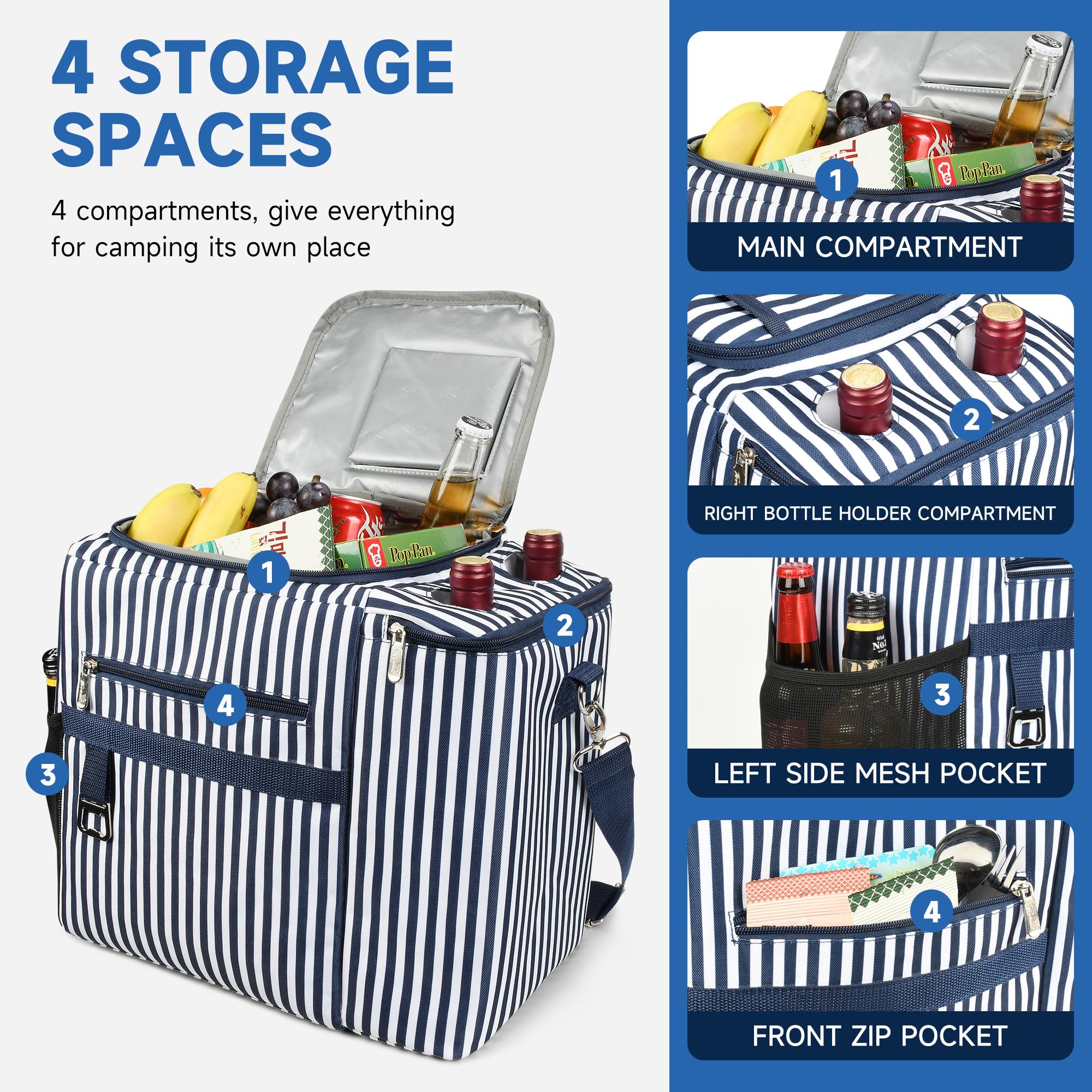 Gran Bolsa térmica de Picnic a Prueba de Fugas, Bolsa de Picnic aislada Bolsa de Comida para el Almuerzo con Correa de Hombro Ajustable para Picnic Camping Trabajo, Raya Azul