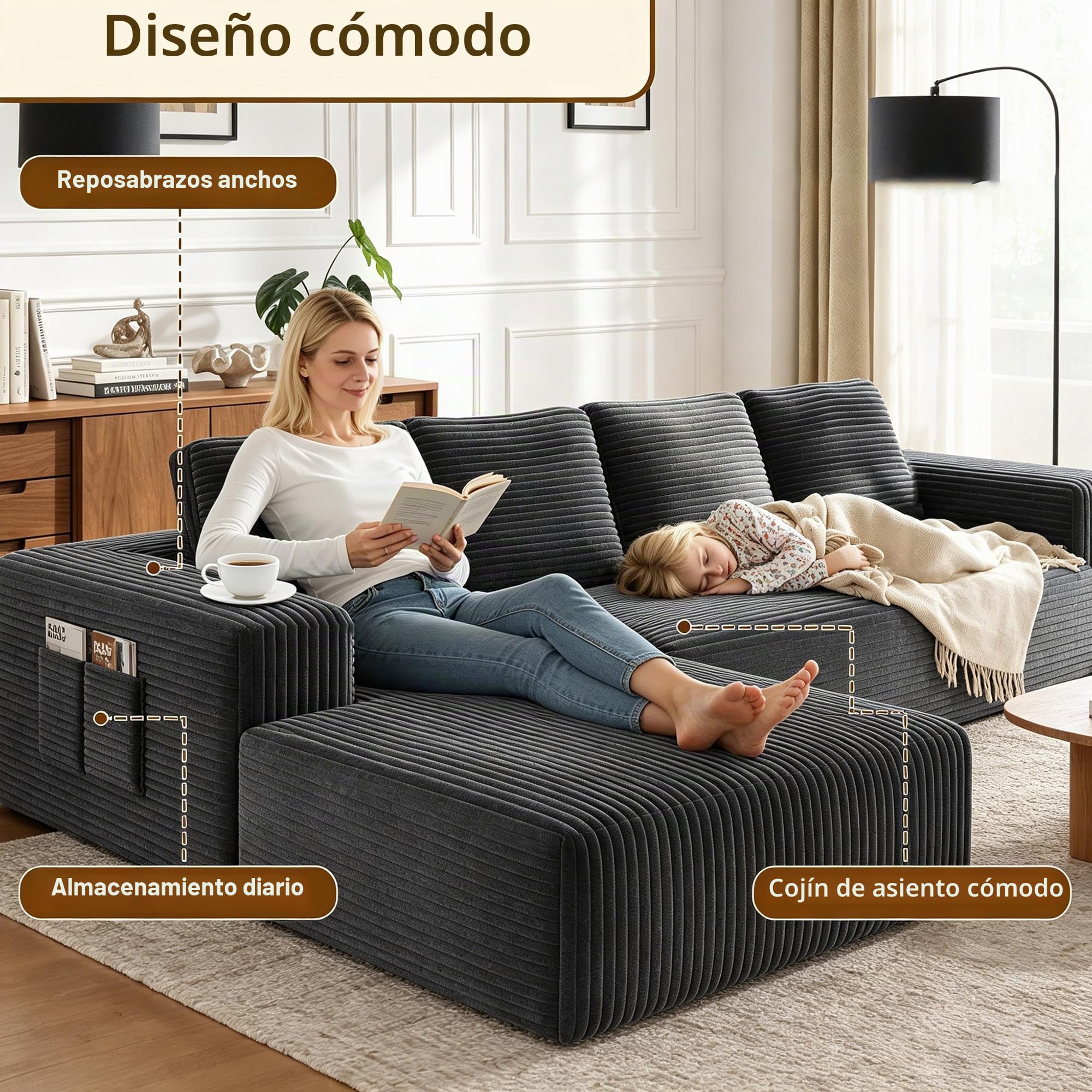 Sofá Esquinero Modular en L, Sofa 4 Plazas con función Cama y Chaise Longue Izquierda, Sofá Cama Chaise Longue (Gris)