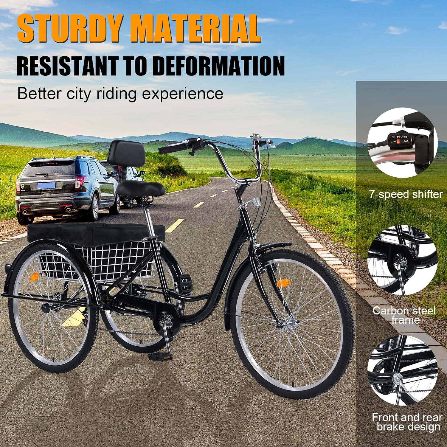 Adult Tricycles, 7 Speed Adult Trikes 24 inch 3 Wheel Bikes, Cruise Bike with Basket for Seniors, Women, Men for Recreation, Shopping, Exercise, Multiple Colors