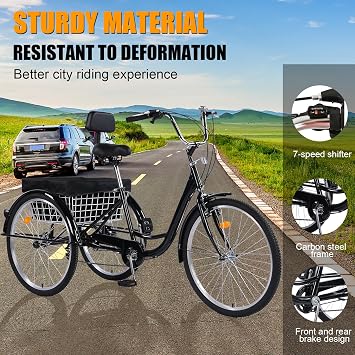 Adult Tricycles, 7 Speed Adult Trikes 26 inch 3 Wheel Bikes, Cruise Bike with Basket for Seniors, Women, Men for Recreation, Shopping, Exercise, Multiple Colors | Adult Trikes
