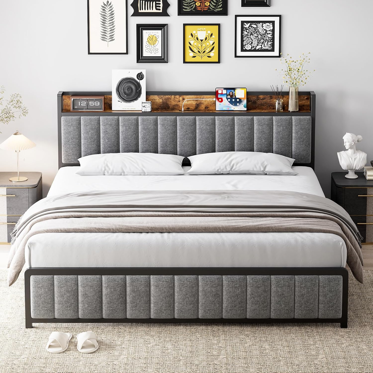 Senfot Queen Bed Frame with Storage Headboard, Upholstered Platform Bed with USB Ports & Outlets, Gray Queen Bed Frame with Strong Metal Slats Support, No Box Spring Needed