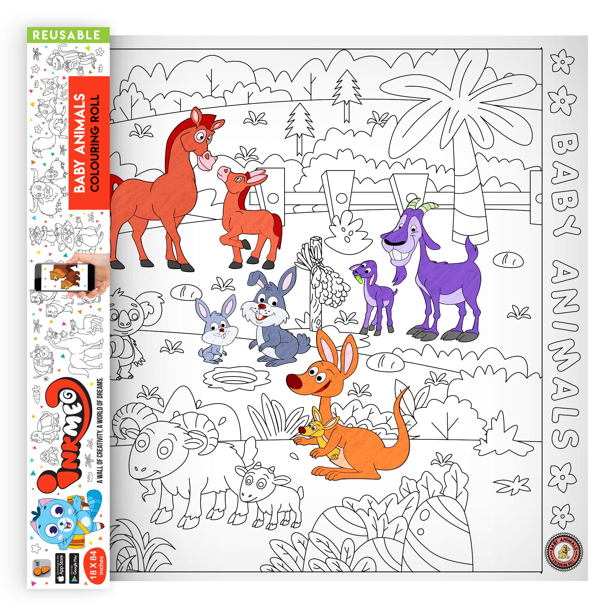 Baby Animals Reusable Wall Colouring Roll - Tells 50 Animal and Their Baby Names - Size 18? x 84? Augmented Reality Enabled Learning Activity Roll for Kids. Works on iOS and Android
