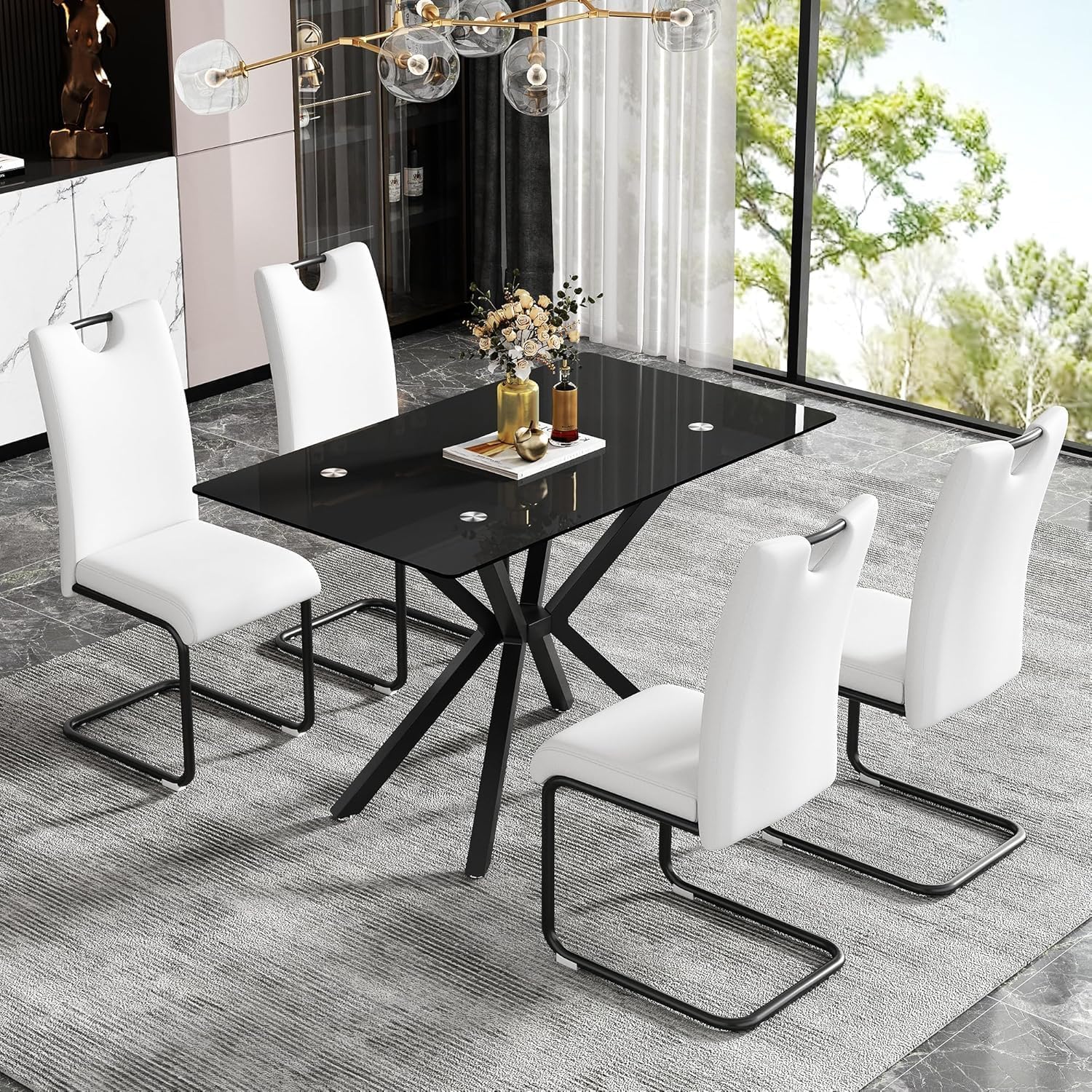 51.18" Rectangular Glass Dining Table, Tempered Glass Small Kitchen Table with Metal Tubular Legs, Stylish and Sturdy Silver Dinner Table for Home and Outdoor
