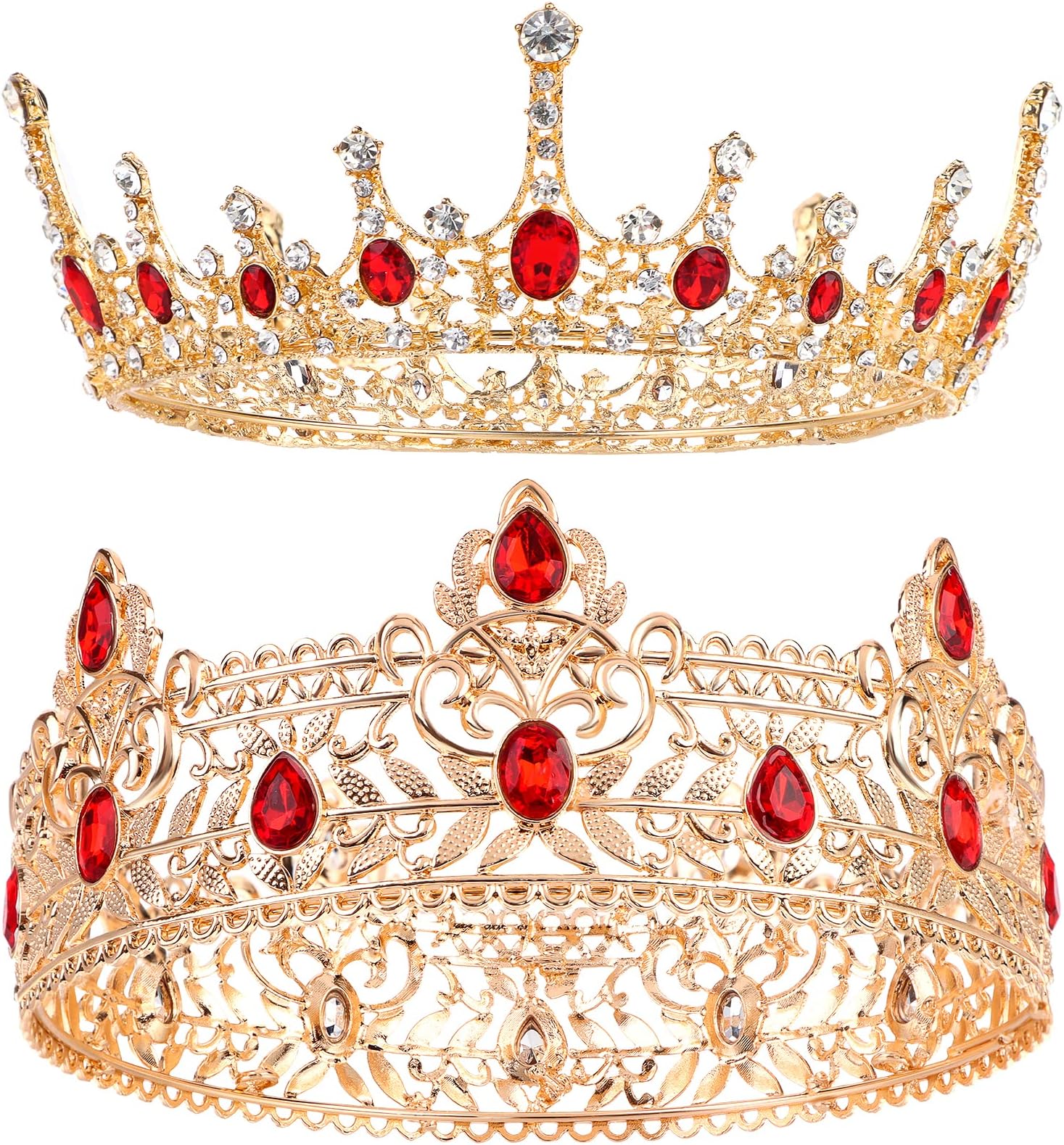 2 Pieces Prom King and Queen Crown Set King Crowns for Men Royal Crown with Red Rhinestone Crystal Crowns for Men Women Princess Tiara Costume Headwear for Wedding Birthday Party Costume