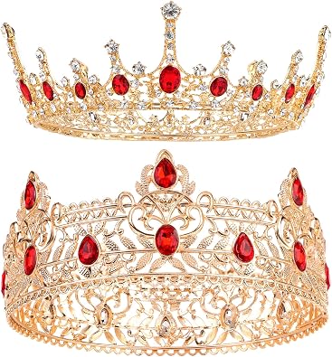 2 Pieces Prom King and Queen Crown Set King Crowns for Men Royal Crown with Red Rhinestone Crystal Crowns for Men Women Princess Tiara Costume Headwear for Wedding Birthday Party Costume