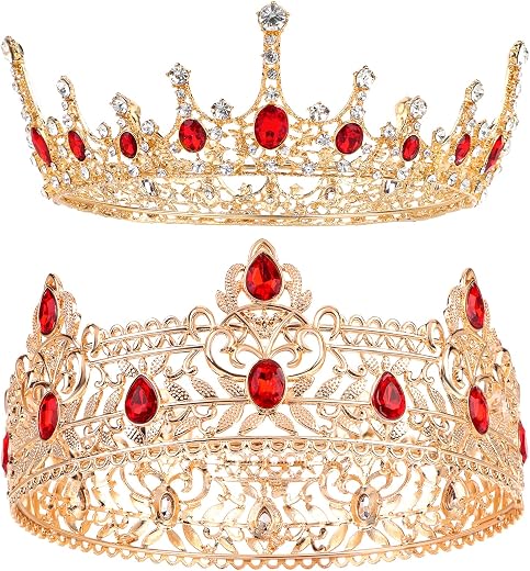 2 Pieces Prom King and Queen Crown Set King Crowns for Men Royal Crown with Red Rhinestone Crystal Crowns for Men Women Pr...