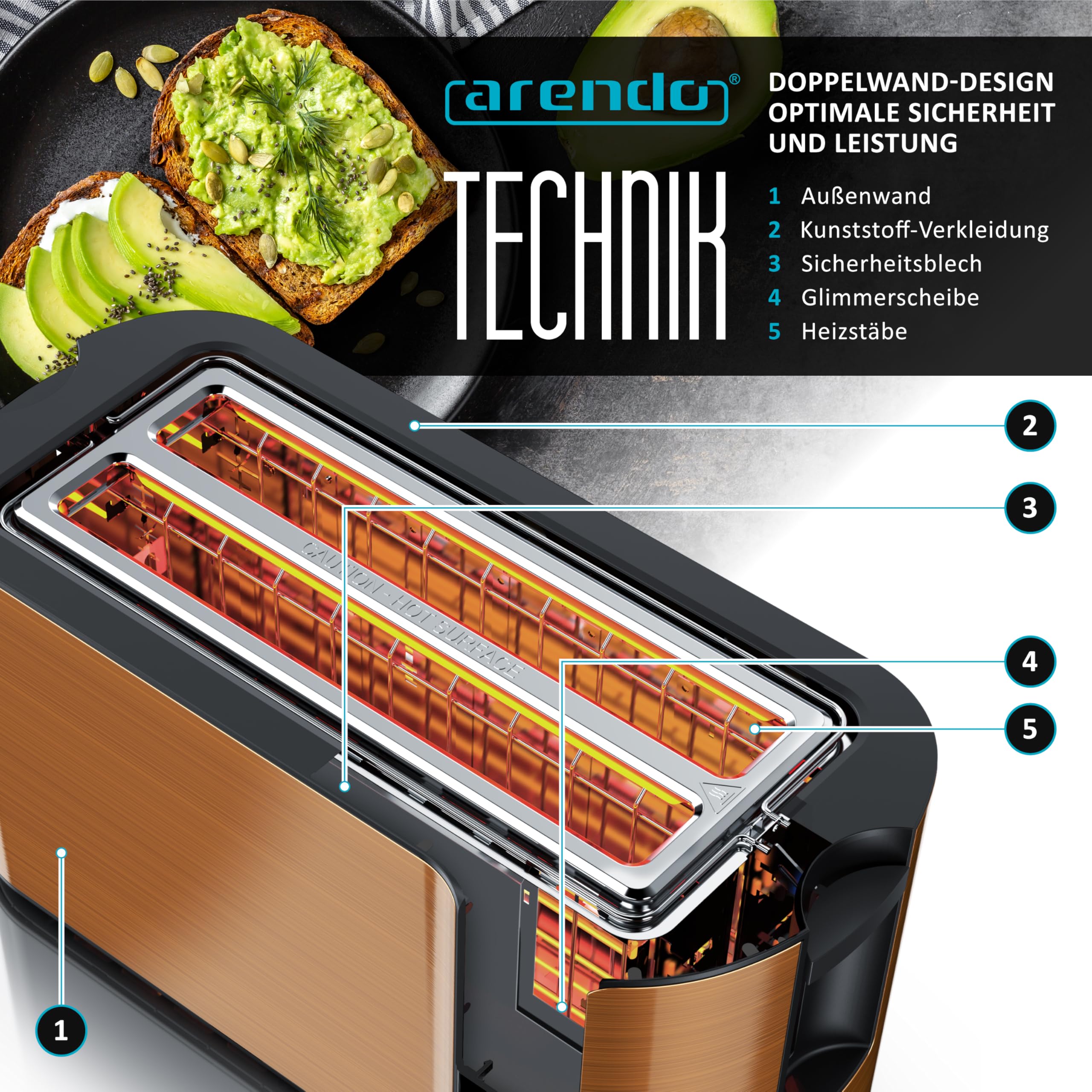 Arendo - Tostadora con ranura larga de acero inoxidable, 4 rebanadas, pantalla táctil, cuerpo de doble pared, rejilla integrada para rollos, 7 grados de bruñido, centrado del pan, visualización del
