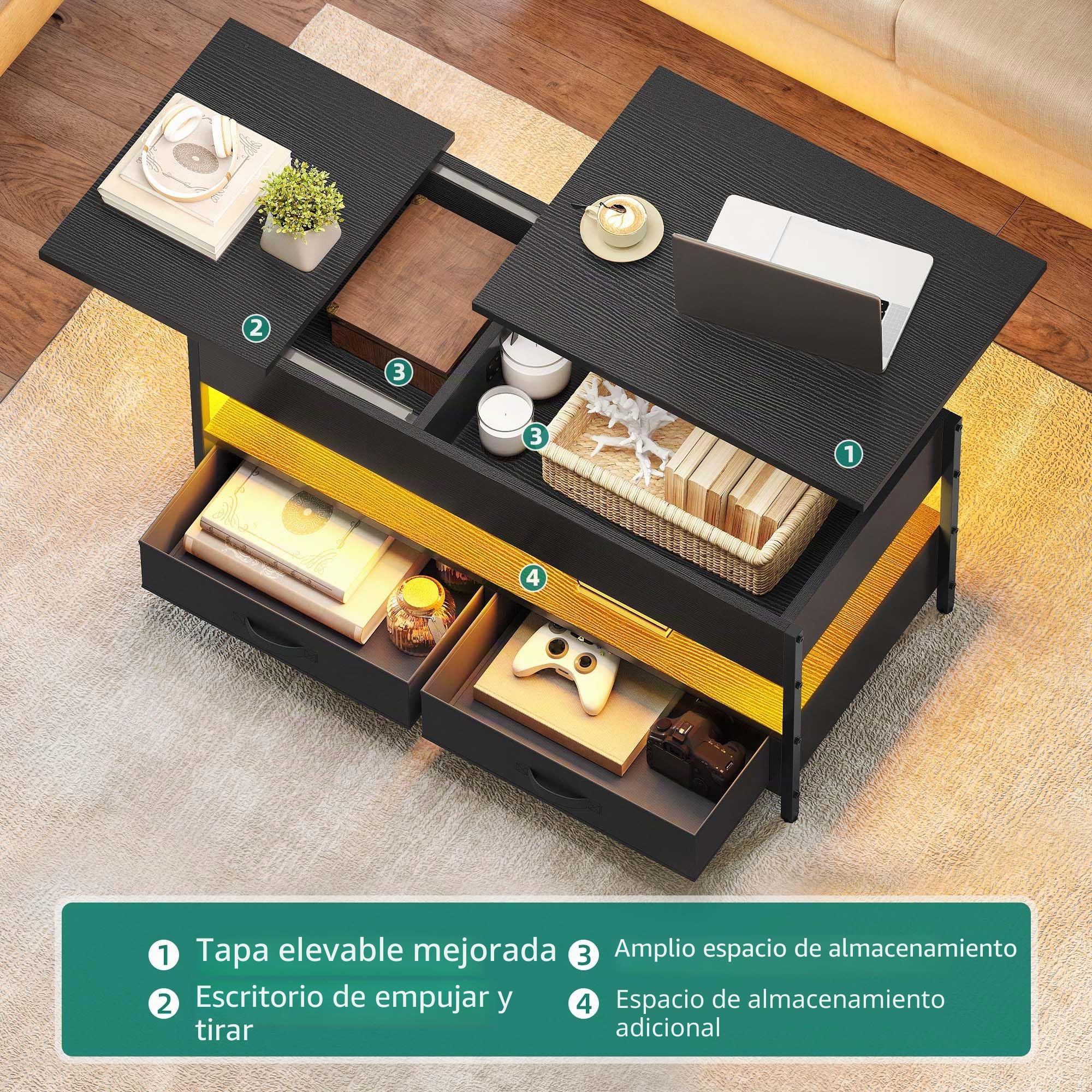 YITAHOME Mesa de Centro Elevable, Mesita de Salón de Madera con Estante de Almacenamiento, Mesa Cafe con 2 Cajón y Tira de luz LED de 16 Colores, Negro, 106 x 50 x 51,5 cm