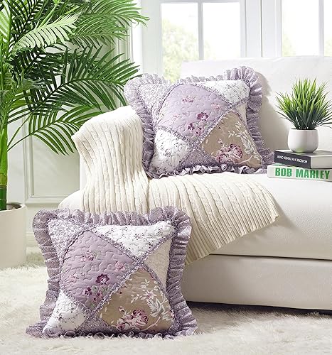 Miniatura 1 de Brilliant Sunshine Juego de 2 fundas de almohada cuadradas decorativas acolchadas con retazos de rosa lila y beige con volantes para sofá cama, 18 x