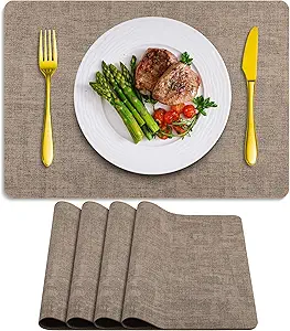 Placemats Set of 4 Washable, Heat Resistant Table Placemats Wipeable Faux Leather Place Mats Non Slip, Waterproof Square Table Mats for Indoor Outdoor, Apricot