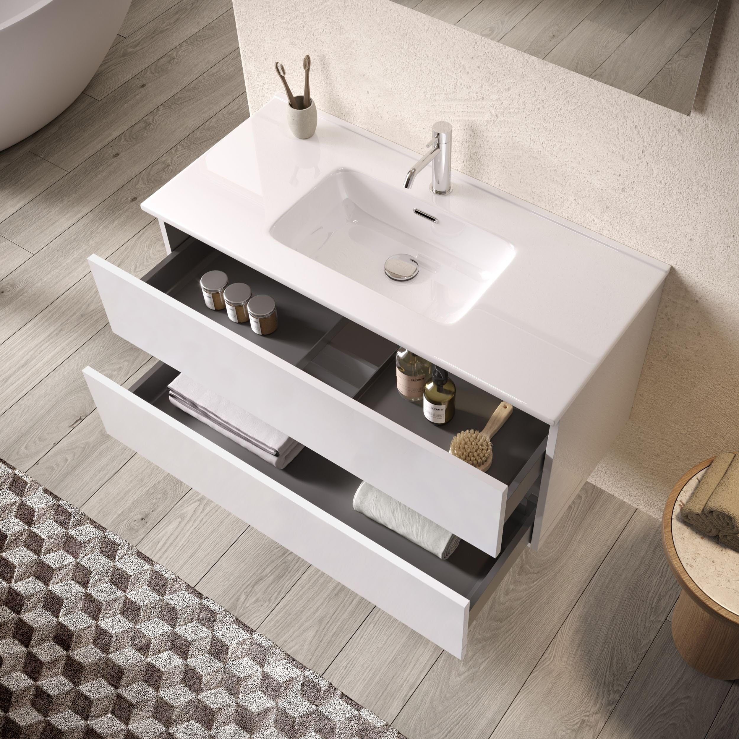 AQA DESIGN accessori casa composizione bagno, nr2 cassetti con scorrimento e chiusura soft close, maniglia a gola in melaminico, nr1 lampada led a - Bianco - 101x46,5x190 cm