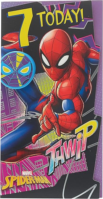 Marvel Spiderman Boys 7th Birthday Card and Badge from UK Greetings - 7 Today, Thwip - Silver Foil Finish 130 x 242mm,Black Red Blue Yellow,655548