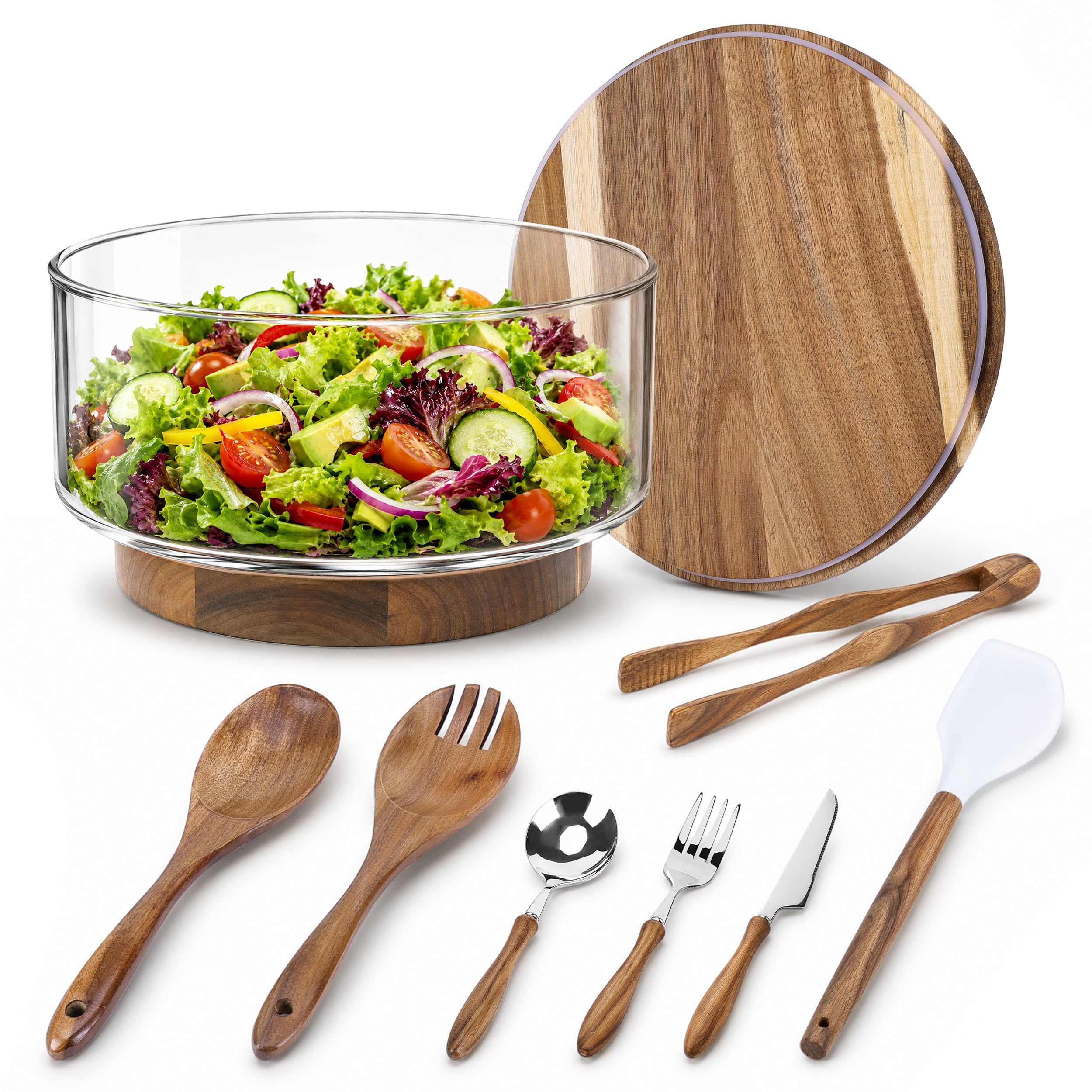 Large Glass Salad Bowl Set with Acacia Wood Base, Lid and Wood Utensils