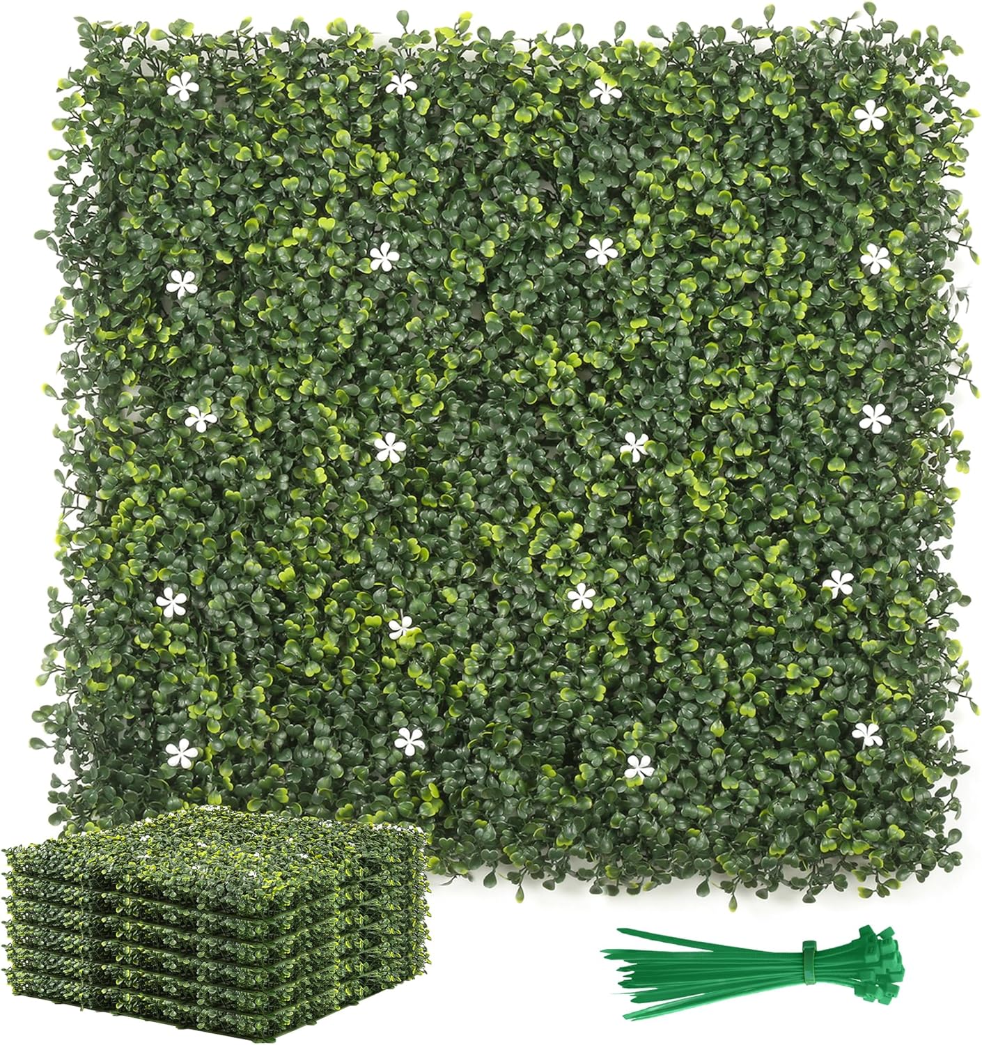 Artificial Boxwood Wall Panels with White Flowers, 20”x20” 6PCS Greenery Backdrop, UV-Anti Green Wall Décor for Party, Indoor Use, Outdoor Privacy