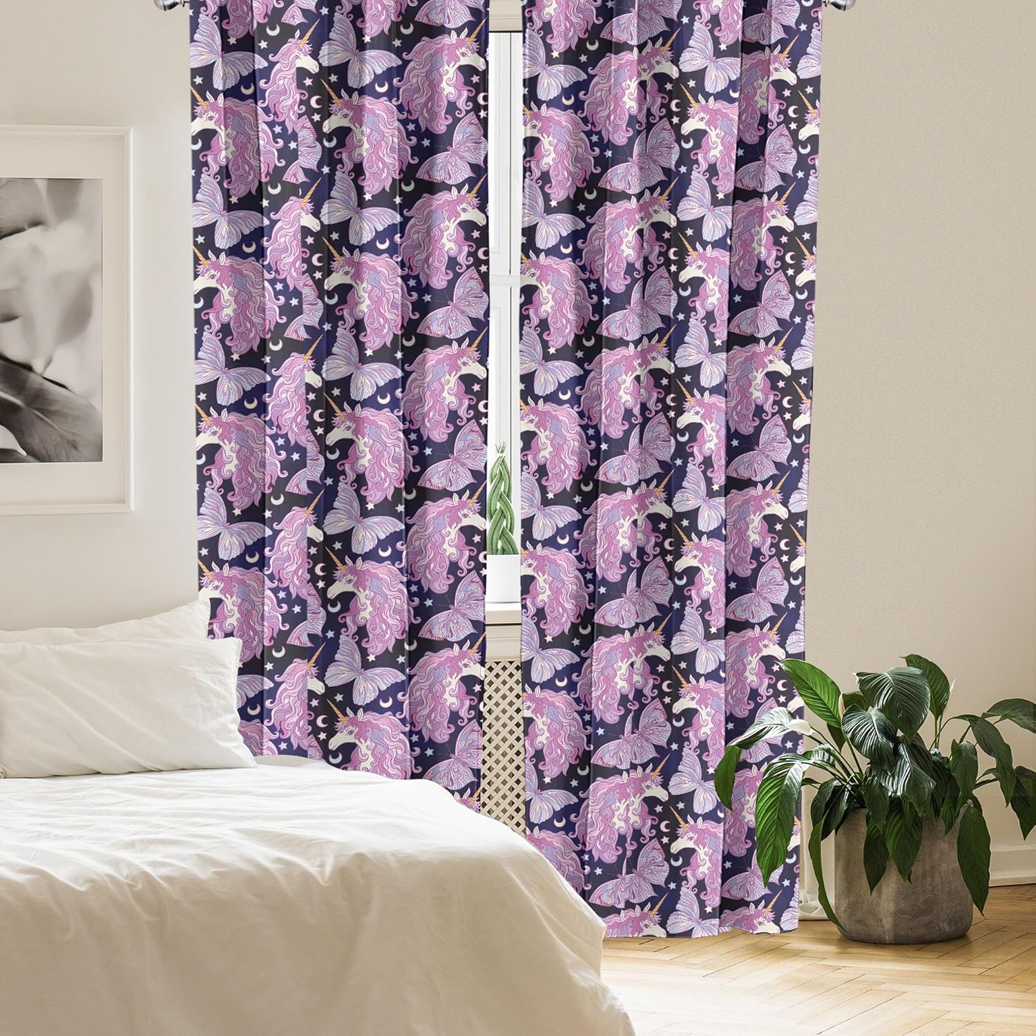 Ambesonne Unicorn Curtains, Mythical Animal with Colorful Mane Butterflies Stars Crescent Moons Fantasy World, Window Treatments 2 Panel Set for Living Room Bedroom, Pair of - 28" x 95", Lillac Purple