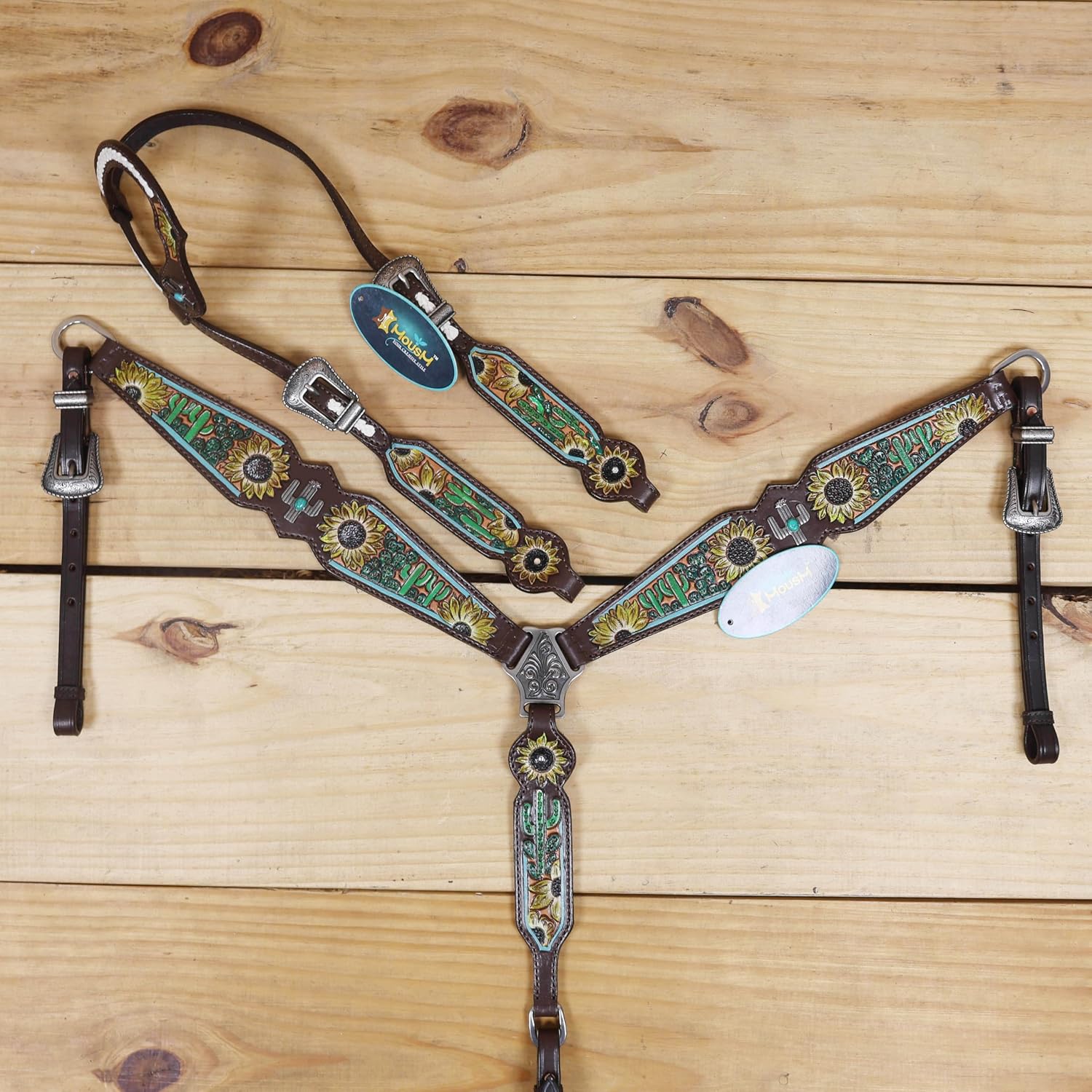 Western Leather Headstall and Breast Collar Tack Set with Hand-Painted Cactus Sunflower Carving and Cactus Hardware, Argentina Cow Leather