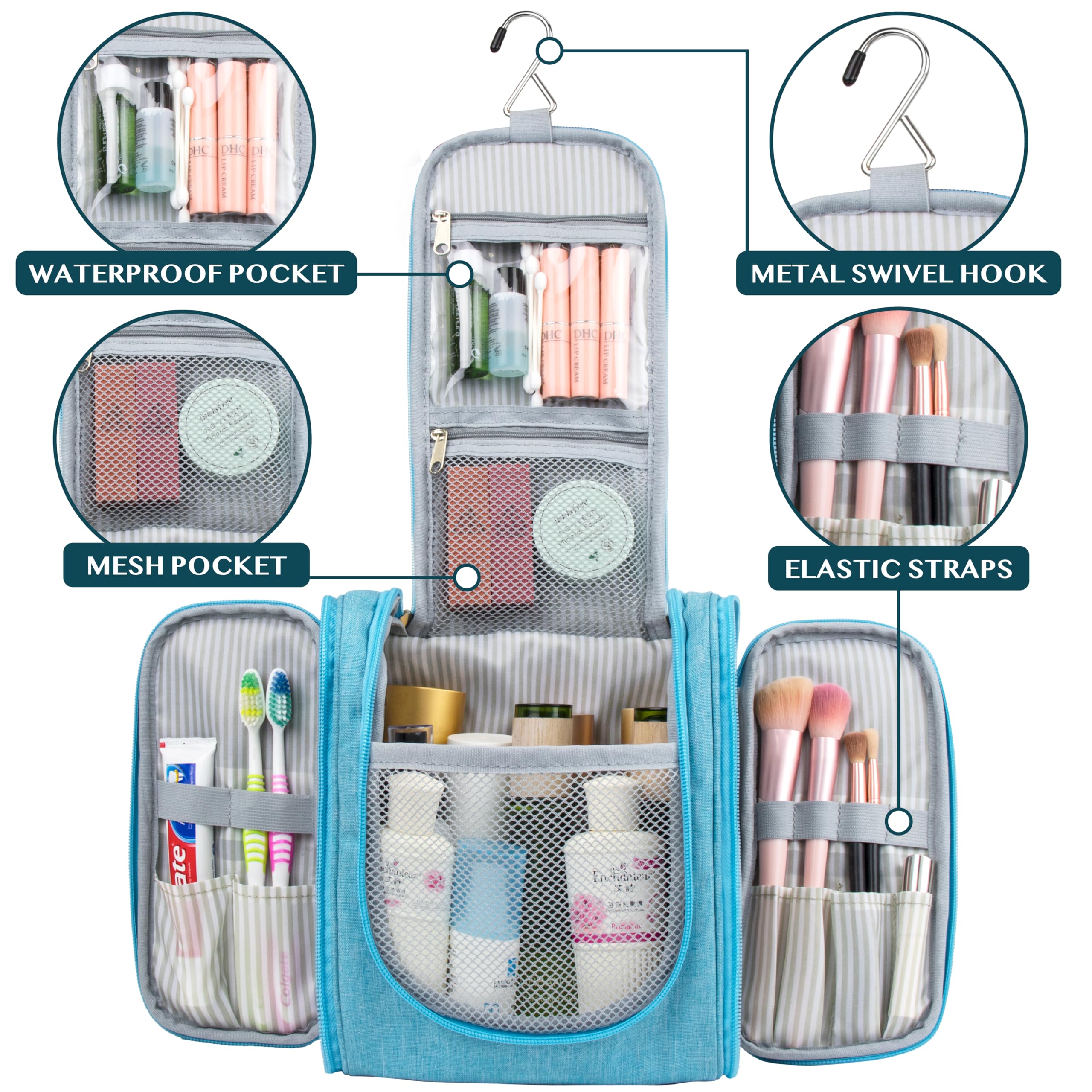 PAVILIA Beauty case da viaggio da appendere per donne e uomini, organizer per articoli da toeletta da bagno, Turchese, Standard (9x4x9), Beauty case