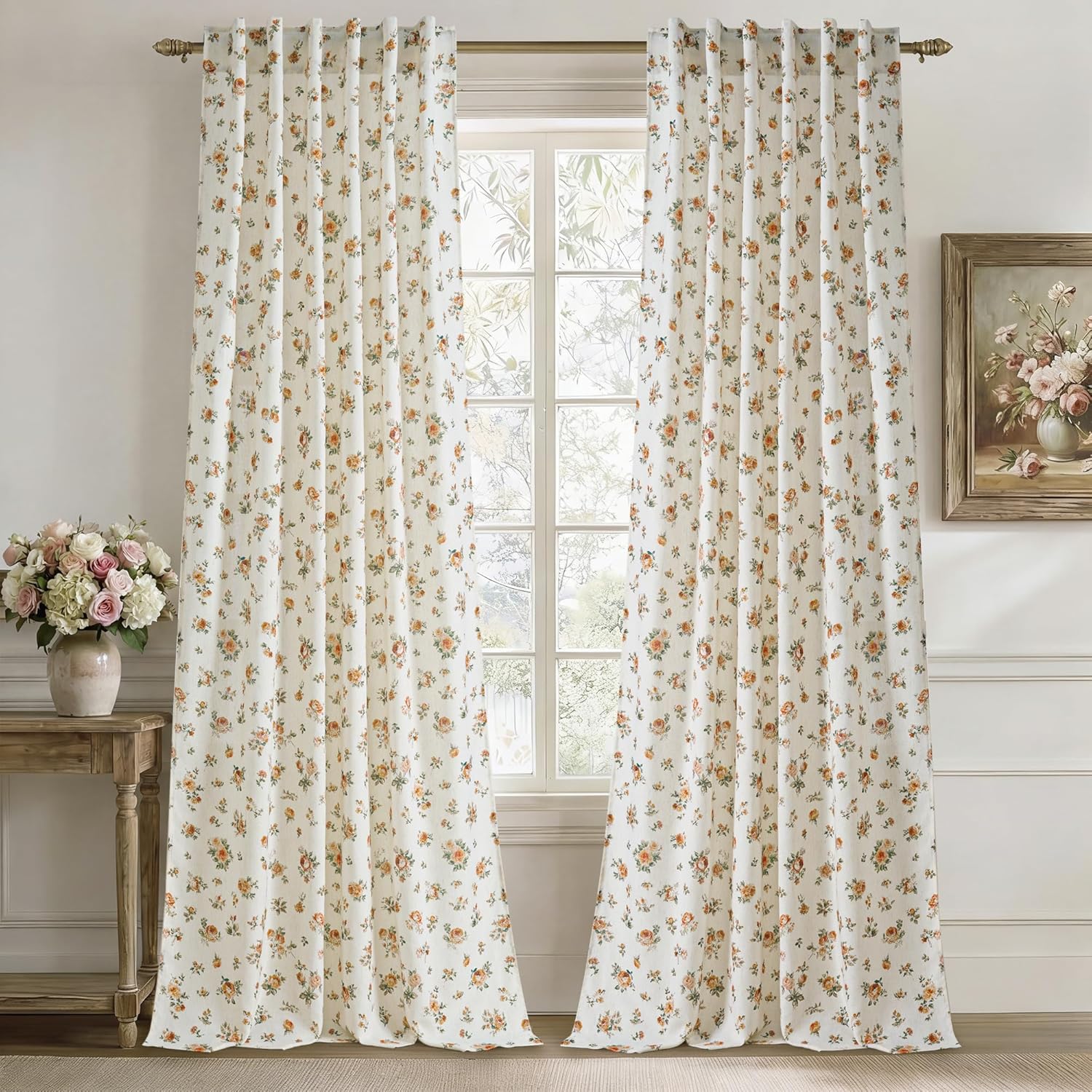 StangH Floral Curtains with Rose Print,Non-See-Through Privacy Curtains for Living Room/Bedroom with Back Tab,Floral Yellow,W52xL96,2 Panels