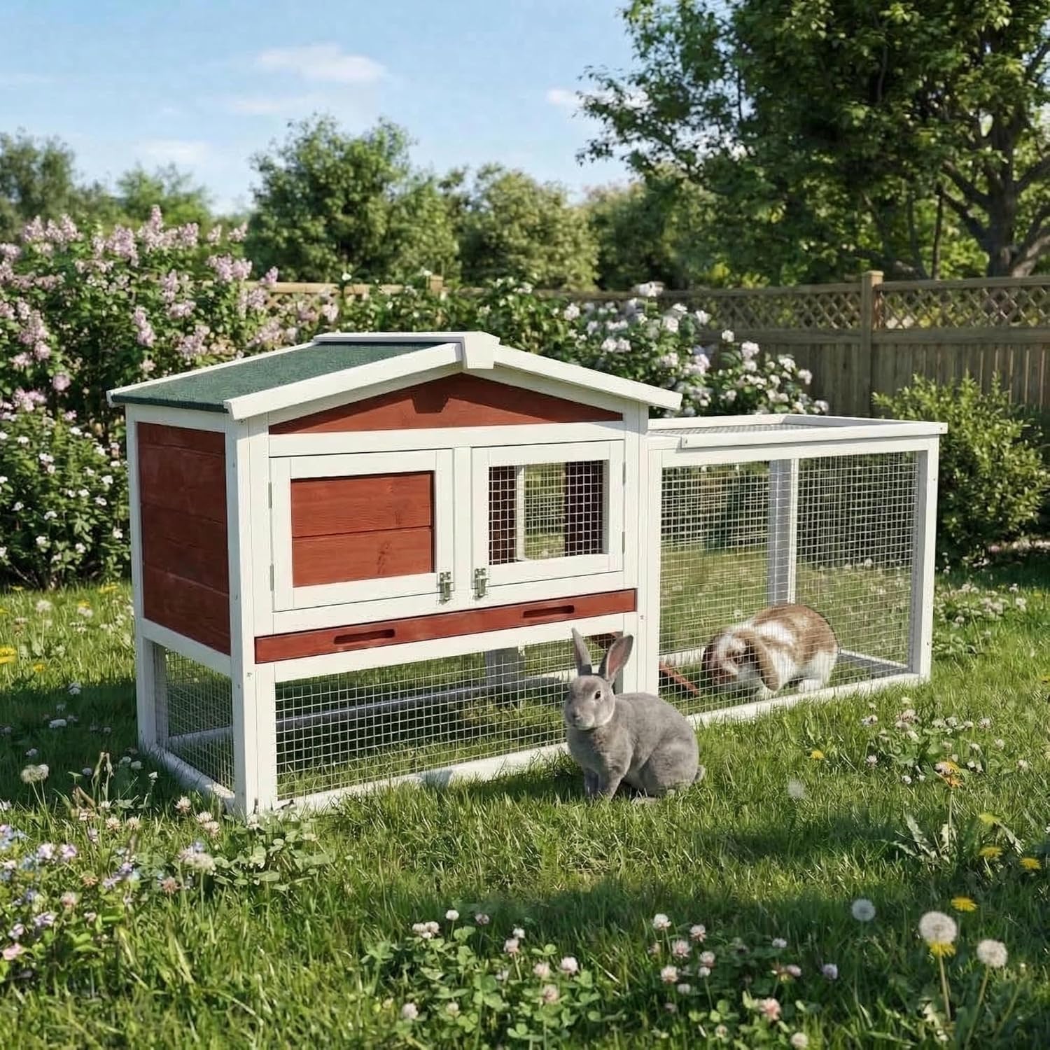 2-Story Wooden Rabbit Hutch & Chicken Coop, Indoor/Outdoor Bunny Cage with Waterproof Roof, Removable Cleaning Tray & Access Ramp for Chicken, Rabbit