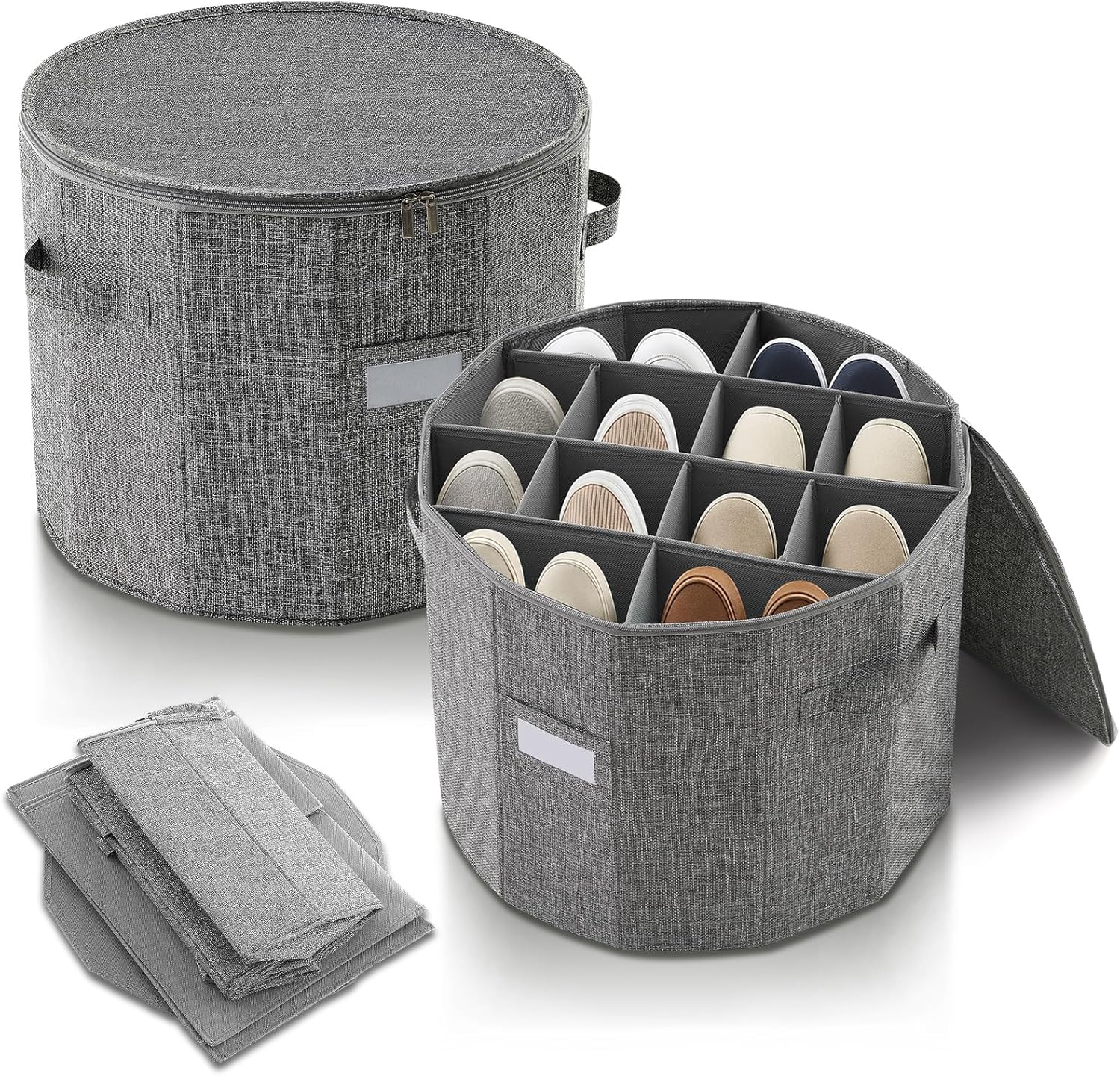 Ripeng 2 Pack Round Shoe Organizer for Closet, Cylindrical Shoe Storage Organizer with Removable Dividers and Lid, Foldable Closet Container Round Compartment Bins for Home (D17 X H13.2,Rectangular)