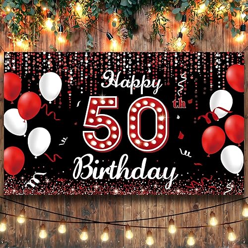Miniatura 6 de Cartel de fondo de decoración de cumpleaños número 50, decoraciones de feliz cumpleaños 50 para mujeres, rojo, negro y blanco, fiesta de cumpleaños