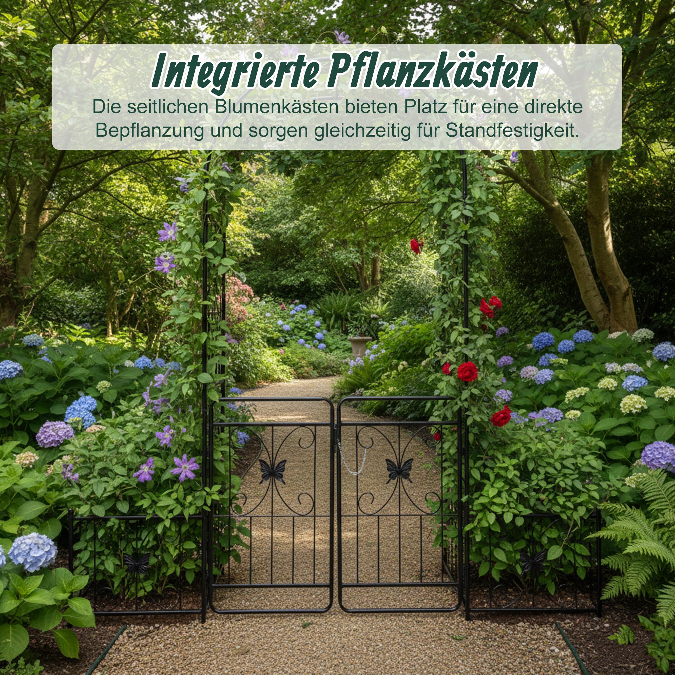 Relaxdays Rosenbogen Metall, Rundbogen mit Tor & 2 Pflanzkästen, HBT: 220x202x50 cm, Rankbogen Garten, Rosentor, schwarz