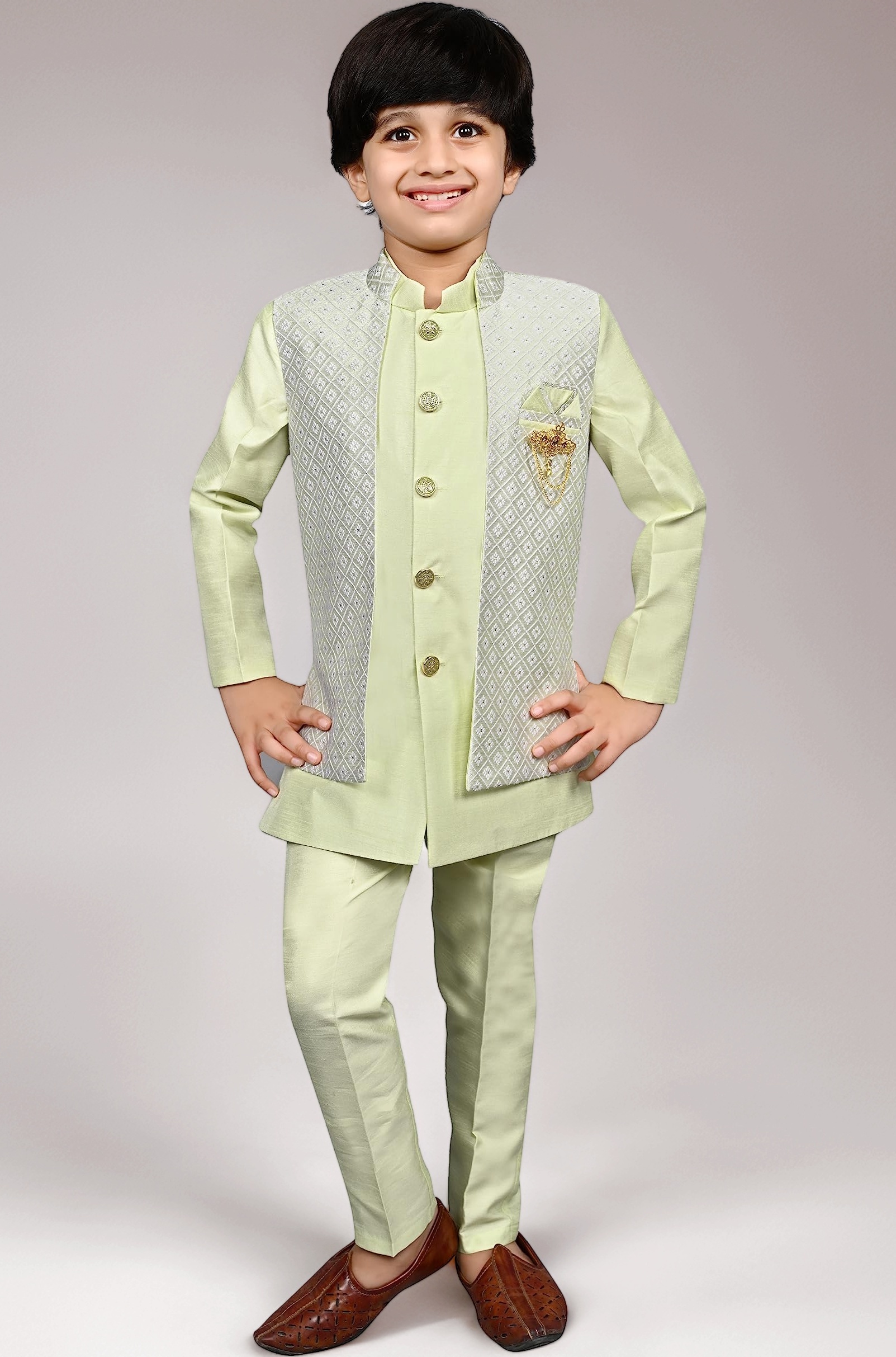 AHHAAAA Kids Indian Ethnic Silk Blend Waistcoat Kurta Pyjama Set Traditional Bollywood Style Wedding Sherwani for Boys