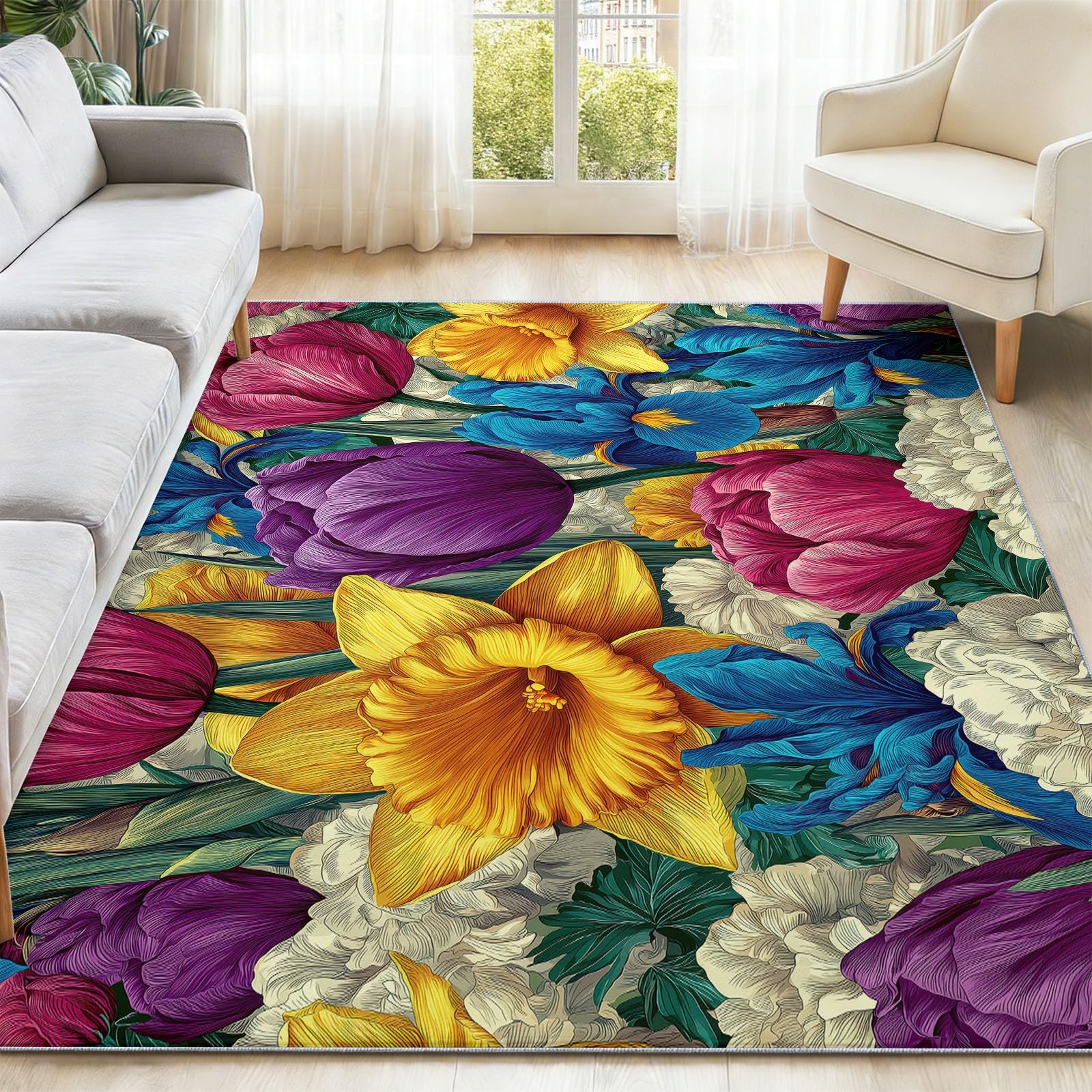 Dywan do salonu 80 x 150 cm, fabryczny dywan z krótkim włosiem, zmywalny i antypoślizgowy, odporny na plamy do salonu, sypialni, biura, żółte tulipany Irys